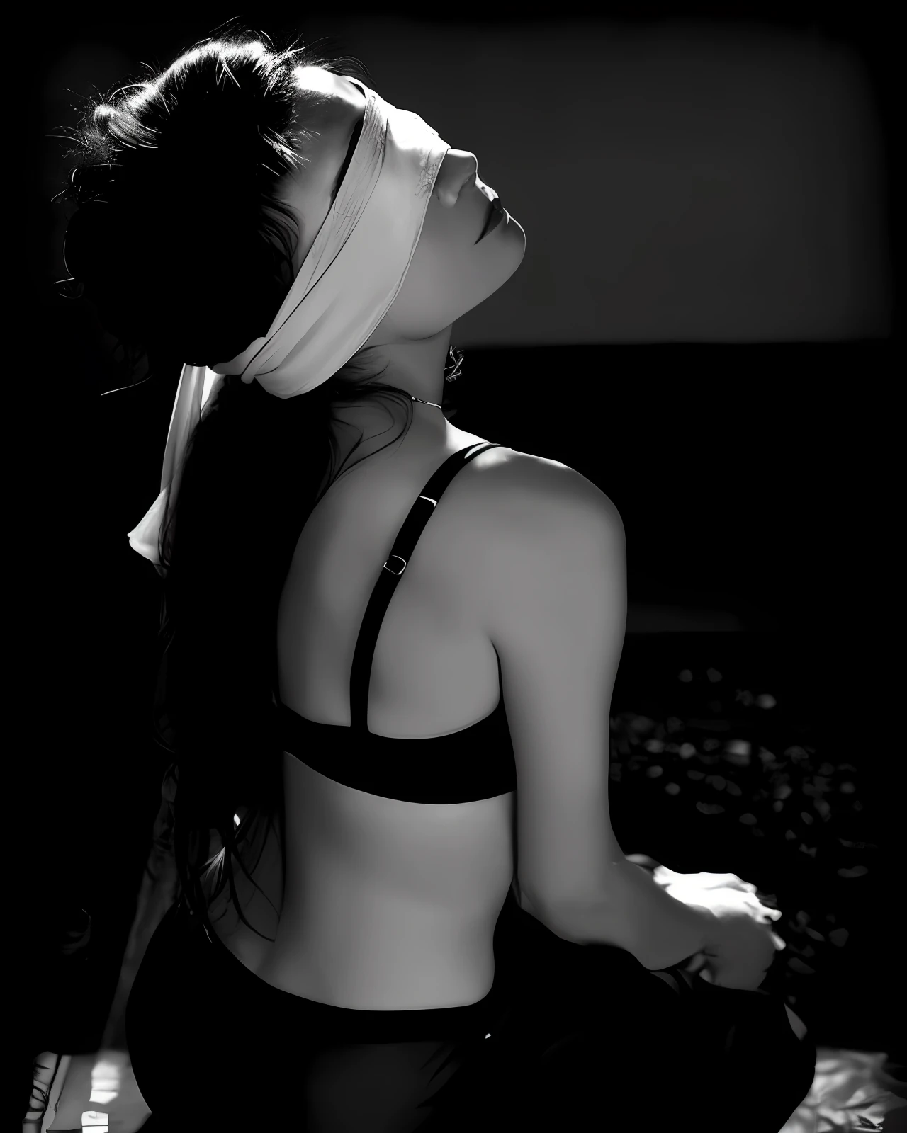 Arad woman in black and white photo with blindfold, Blindfolded, Blindfold, black eye mask, inspired by Jean-Jacques Henner, her hair is tied above her head, author:Lucia Pecca, Inspired by Lillian Bassman, Fantasy blindfolded, inspired by Marina Abramović, Blind, Black and white. High contrast