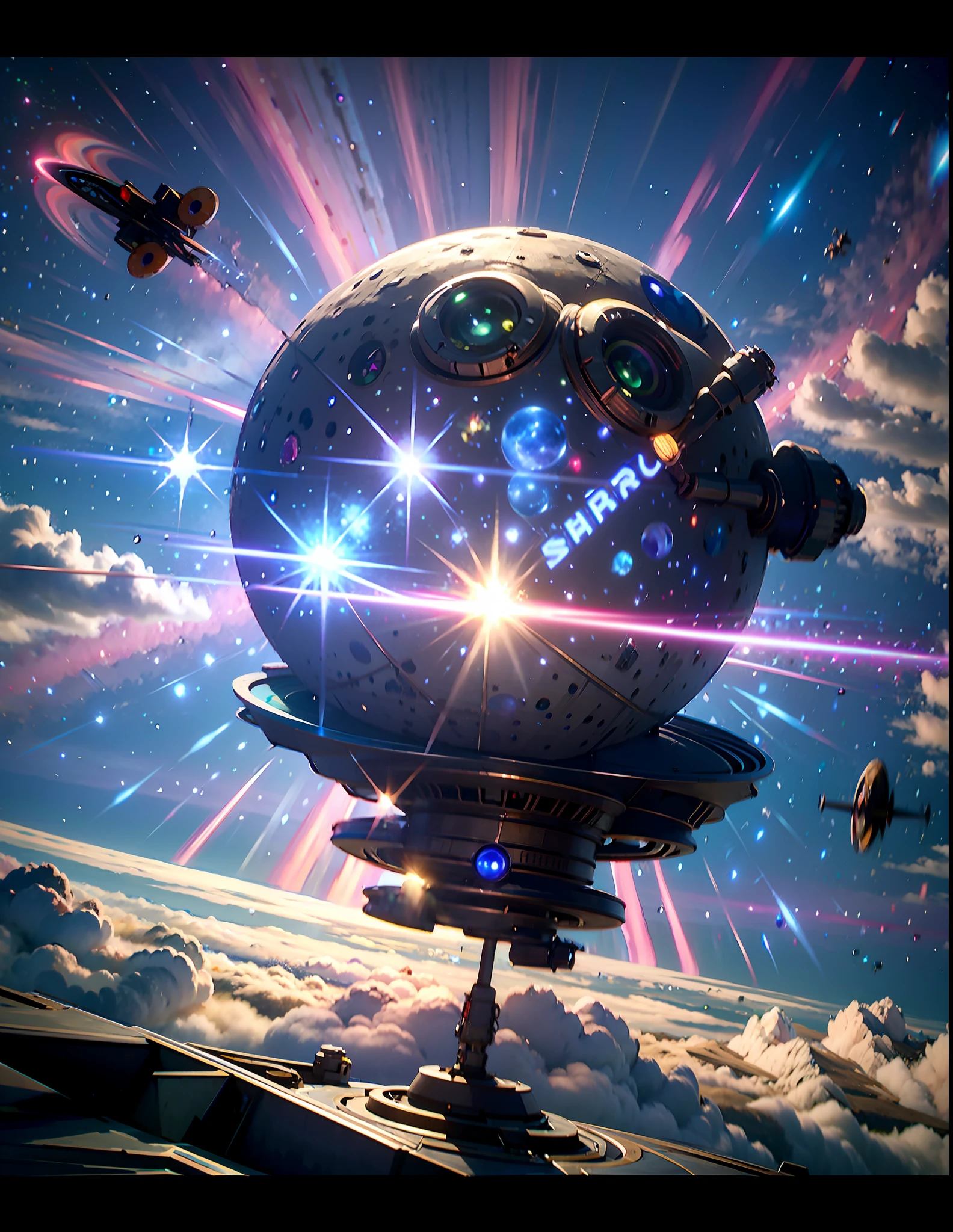 wide-angle lens view, spaceship, Star Trek style, intricate technological details, pink planet with clouds left in the background, outer space in the background, asteroid floating in space right in the background, starry sky, wide view, sharp focus, dramatic lighting, by Gene Roddenberry, sci-fi style, nasa, award-winning, best quality, ultrahd 8k 4k wallpaper, concept art, Trend at Artstation