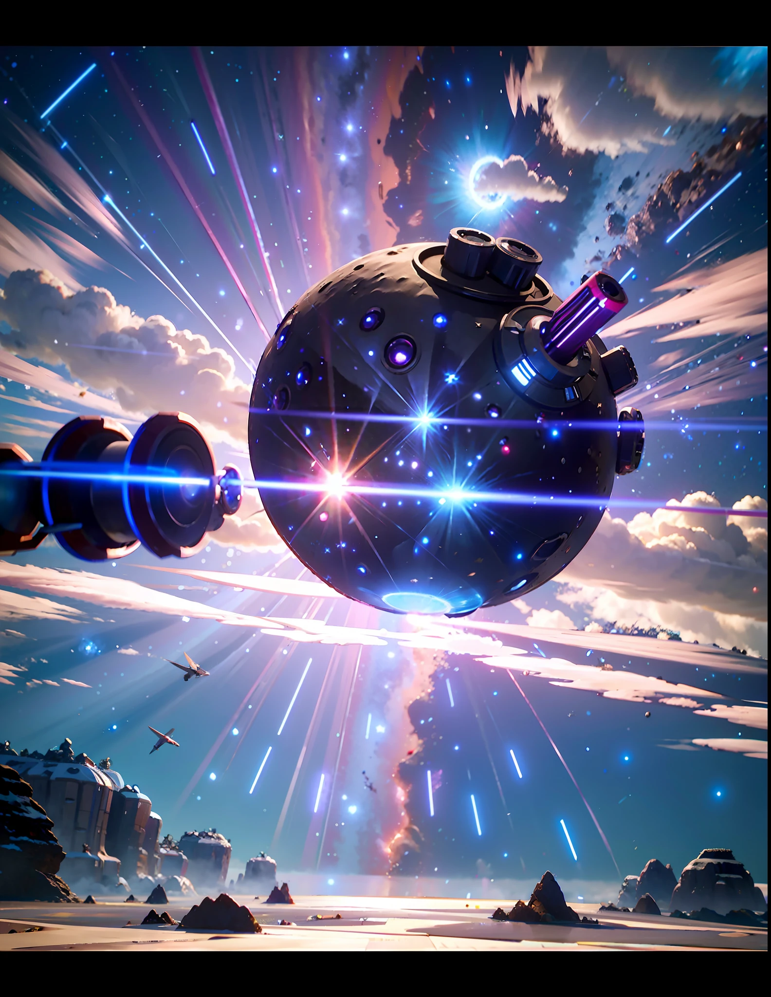 wide-angle lens view, spaceship, Star Trek style, intricate technological details, pink planet with clouds left in the background, outer space in the background, asteroid floating in space right in the background, starry sky, wide view, sharp focus, dramatic lighting, by Gene Roddenberry, sci-fi style, nasa, award-winning, best quality, ultrahd 8k 4k wallpaper, concept art, Trend at Artstation