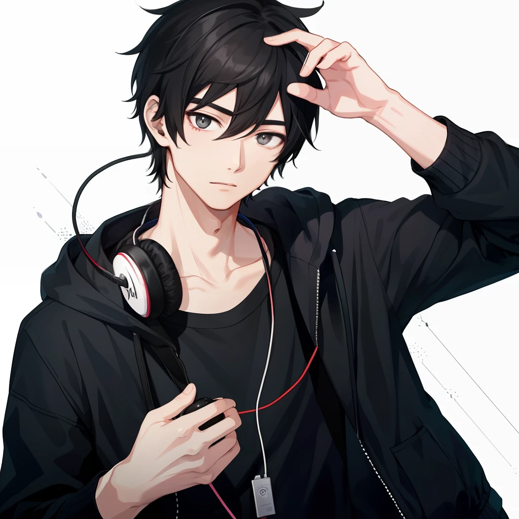 1boy，Black hair，黑The eye，with headphones on