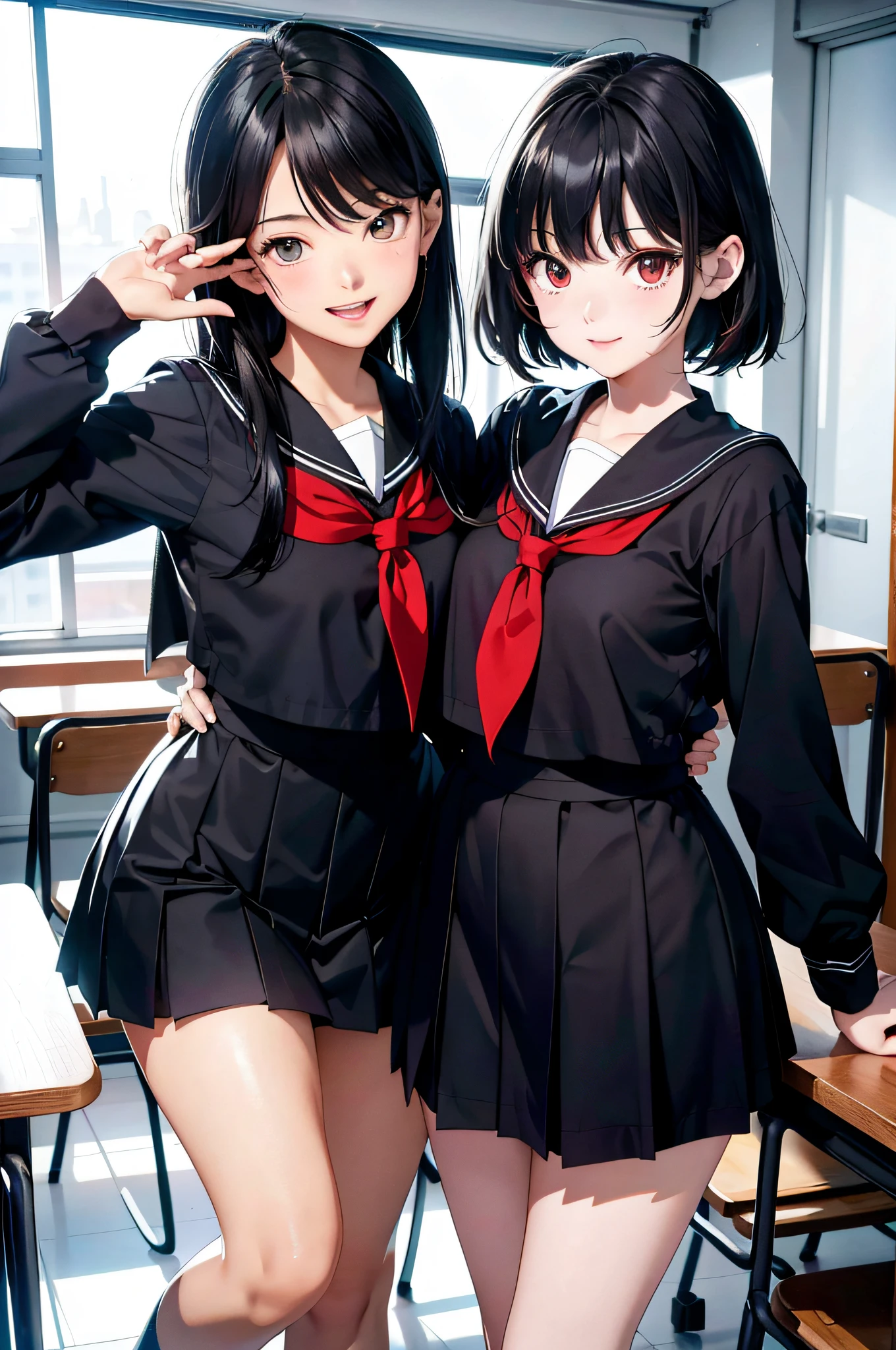 (top-quality、in 8K、32K、masterpiece、nffsw、超A high resolution、Impresionismo、Photorealsitic:1.2)、Full body, Inside the classroom、Schools、Evening glow、beauitful face、blurry backround、16-year-old beautiful girl、shinny skin、short-hair、Beautiful black hair、Red Eyes、(Katyusha:1.2)、a sailor suit、Pleated miniskirt、Curve、dynamicposes、Smile with open mouth、Two girls