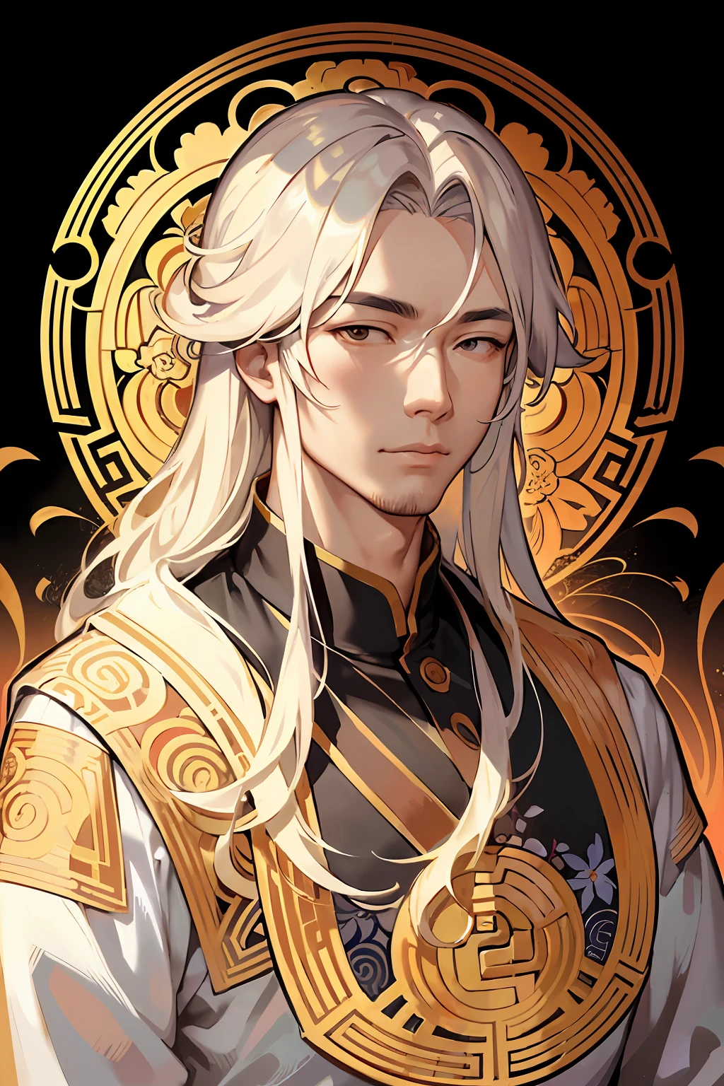 Facial portrait of a Chinese man,with long coiled hair,blond hairbl,Floral frame,Decorative panels,abstract artistic,Alphonse Mucha(tmasterpiece,best qualtiy,A high resolution:1.4),A detailed,complexdetails,4K,splash of color,Line art,Fibonacci,