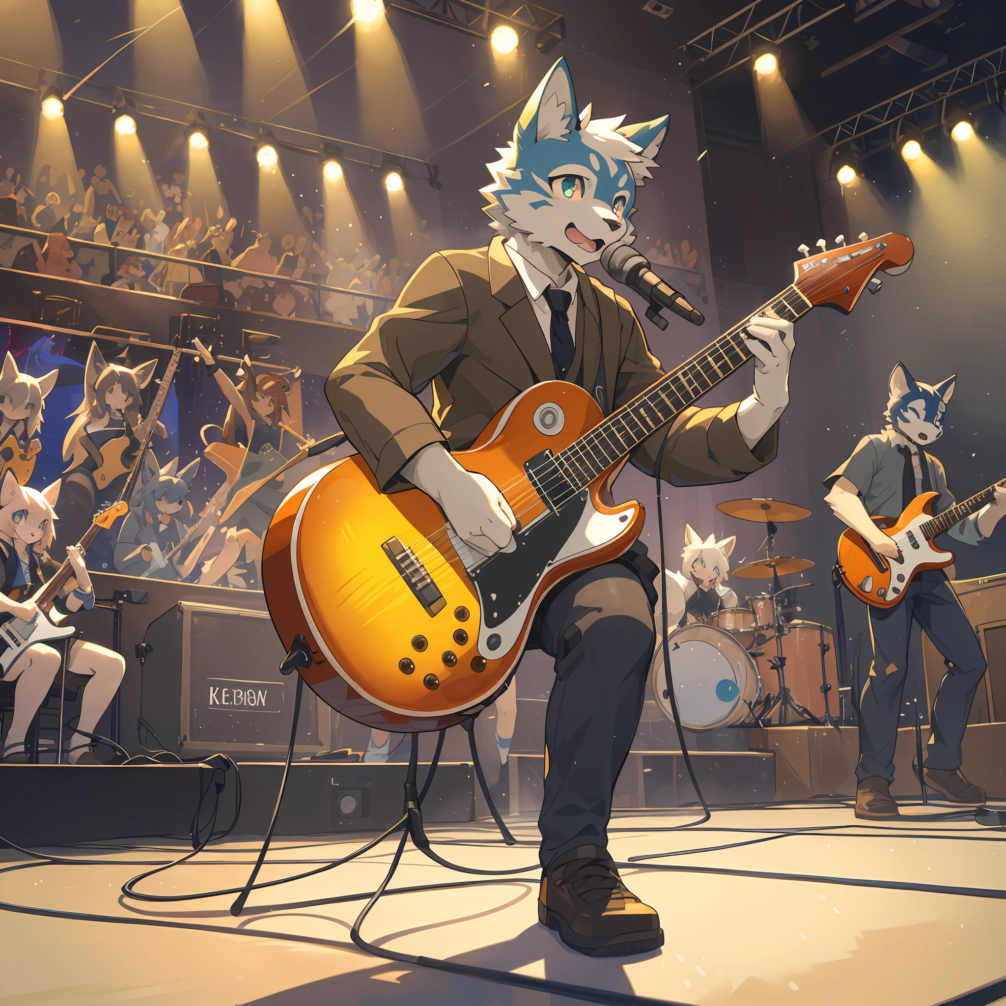 top quality, best quality, High-quality illustrations, masterpiece, super high resolution, detailed background, Rock Band Concerts, Musical instrument performance, Stage Performance, hot air, 6+boys, 6+girls, absurdres(highly detailed beautiful face and eyes)perfect anatomy, expression, good lighting, cinematic shadow(kemono, furry anthro)(sound effects, motion blur),