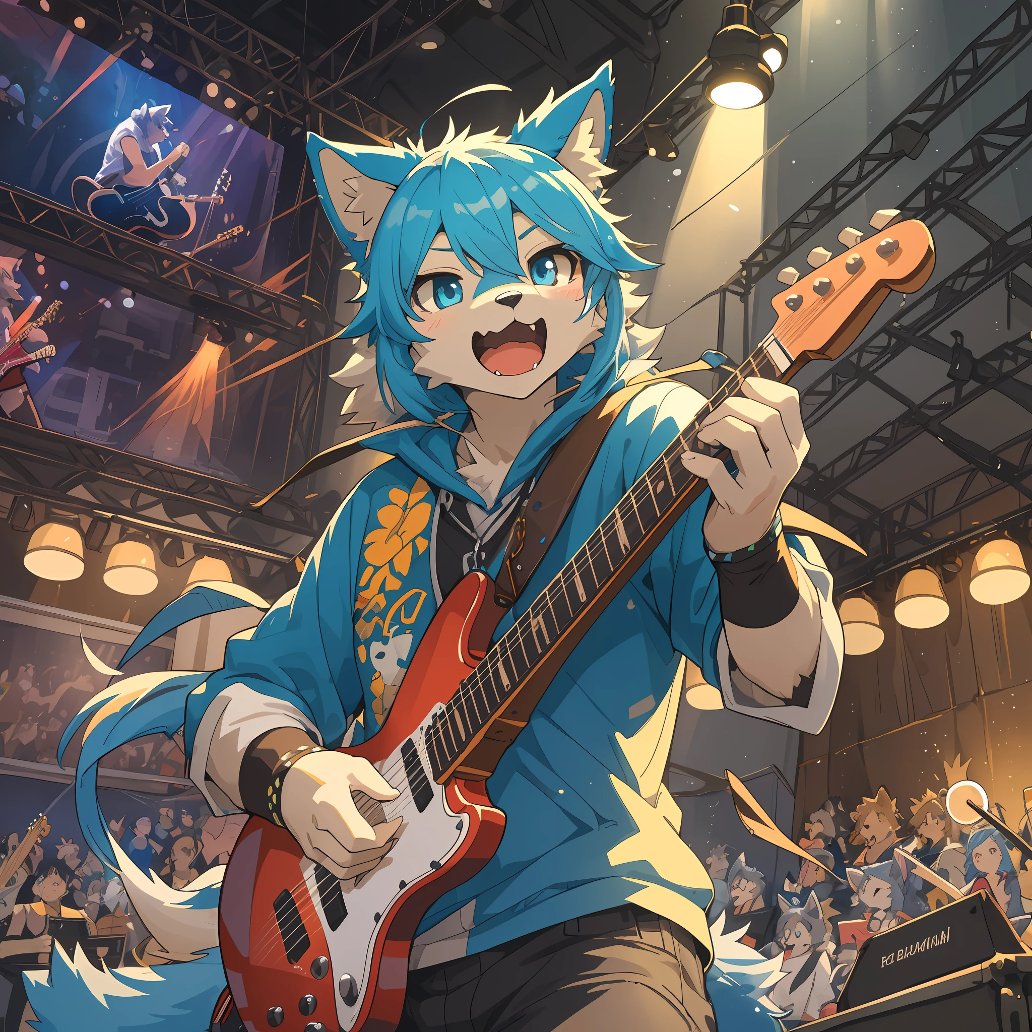 top quality, best quality, High-quality illustrations, masterpiece, super high resolution, detailed background, Rock Band Concerts, Musical instrument performance, Stage Performance, hot air, 6+boys, 6+girls, absurdres(highly detailed beautiful face and eyes)perfect anatomy, expression, good lighting, cinematic shadow(kemono, furry anthro)(sound effects, motion blur),