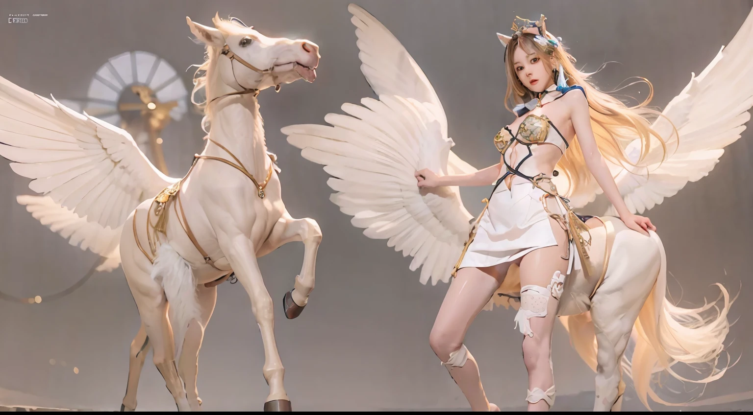 A female centaur,She is famous in the multiverse,She is both a female centaur, half human, half horse, half horse,It is also a female Yingzhao。She blends both images,The first is the head of a horse/neck/Shoulder these parts,After feminization,The upper body transforms into a beautiful female human,Female, half-centaur, half-human, half-horse, half-human,The second is the waist of the horse/hason/gluteal/Legs feminine,Female half-horse with beautiful woman's,Chimer,It's like a female human wearing a half-horse-like costume and making a seamless chimera,This chimerization is based on powerful futuristic technology。The ultra-wide-angle lens captures the image of her sleek and ethereal wings charging and leaping on the ionosphere。Her front half is distinctly feminine,Tall sexy body,Has K cup teardrop-shaped giant tit chest,It has a small man's waist butterfly spanning long legs,The half-horse part of the hind body,Embedded interface in the front half of the body hip position。The horse-shaped, half-horse torso form of her back body is completely female and humanized。A sexy bent dog-style shaped ribcage embedded in the lower back position of the beautiful woman's body from the upper end of the sternum/lower back/Ventral transverse。Then there are the sexy beauty's upright hips,Her entire body has been completely feminized,Including the half-horse part。Mechanized armor covers the legs with knee-shaped anti-joints and feet,And these parts are highly anthropomorphic,This makes her legs graceful and slender,Her four horse legs exploded in length proportions and was slender and toned,Under the legs are skinny white feet dressed in Skyscraper Heels,Use Midjourney's advanced stroke tools and color palettes, as well as texture packs, model packs, and texture tools,Concentration,Femaleize all parts of her original equine physiologic appearance,And give these parts an ergonomic appearance,Fine treatment of the thoracic and abdominal cavity of the posterior body,As well as hips and