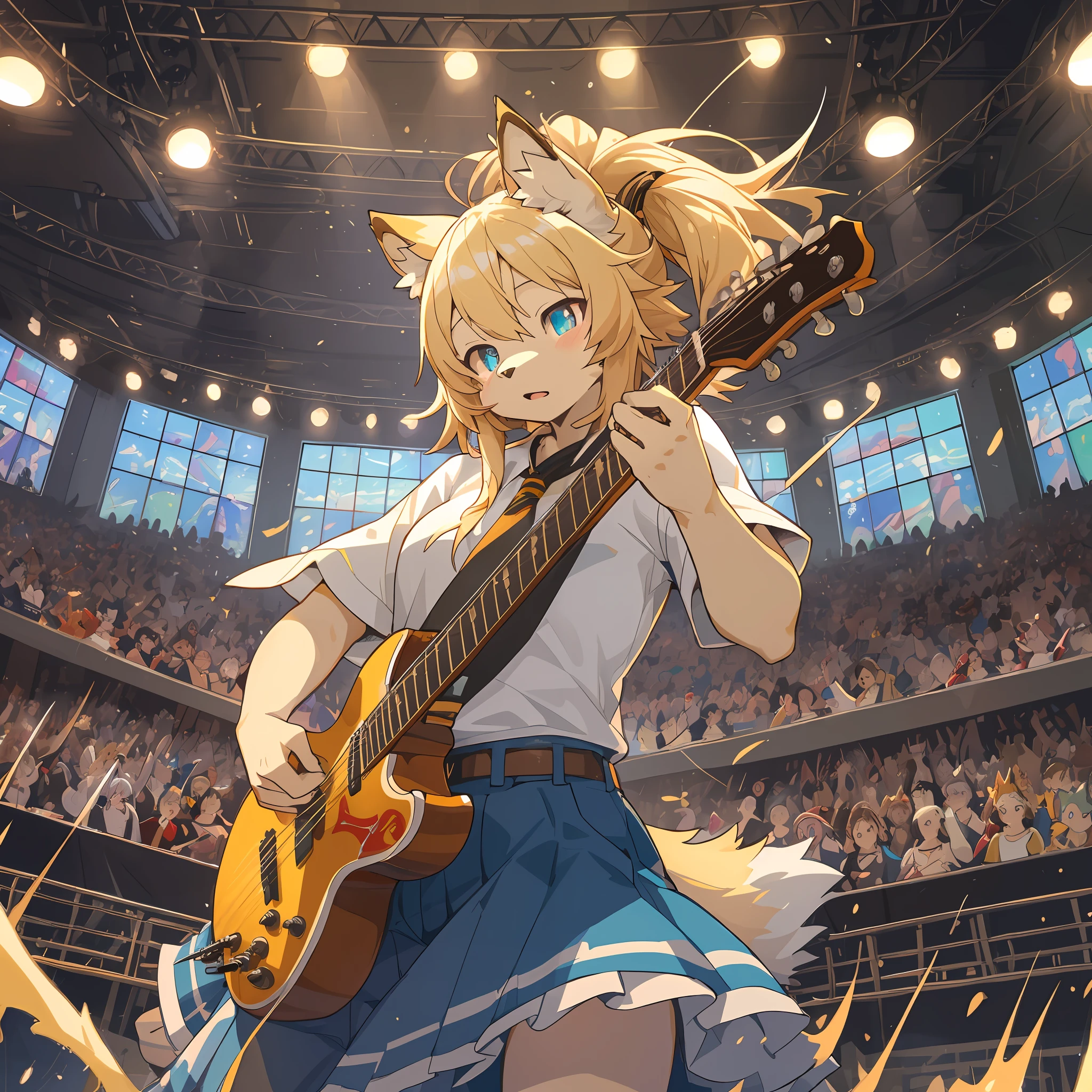 top quality, best quality, High-quality illustrations, masterpiece, super high resolution, detailed background, Rock Band Concerts, Musical instrument performance, Stage Performance, hot air, 6+boys, 6+girls, absurdres(highly detailed beautiful face and eyes)perfect anatomy, expression, good lighting, cinematic shadow(kemono, furry anthro)(sound effects, motion blur),