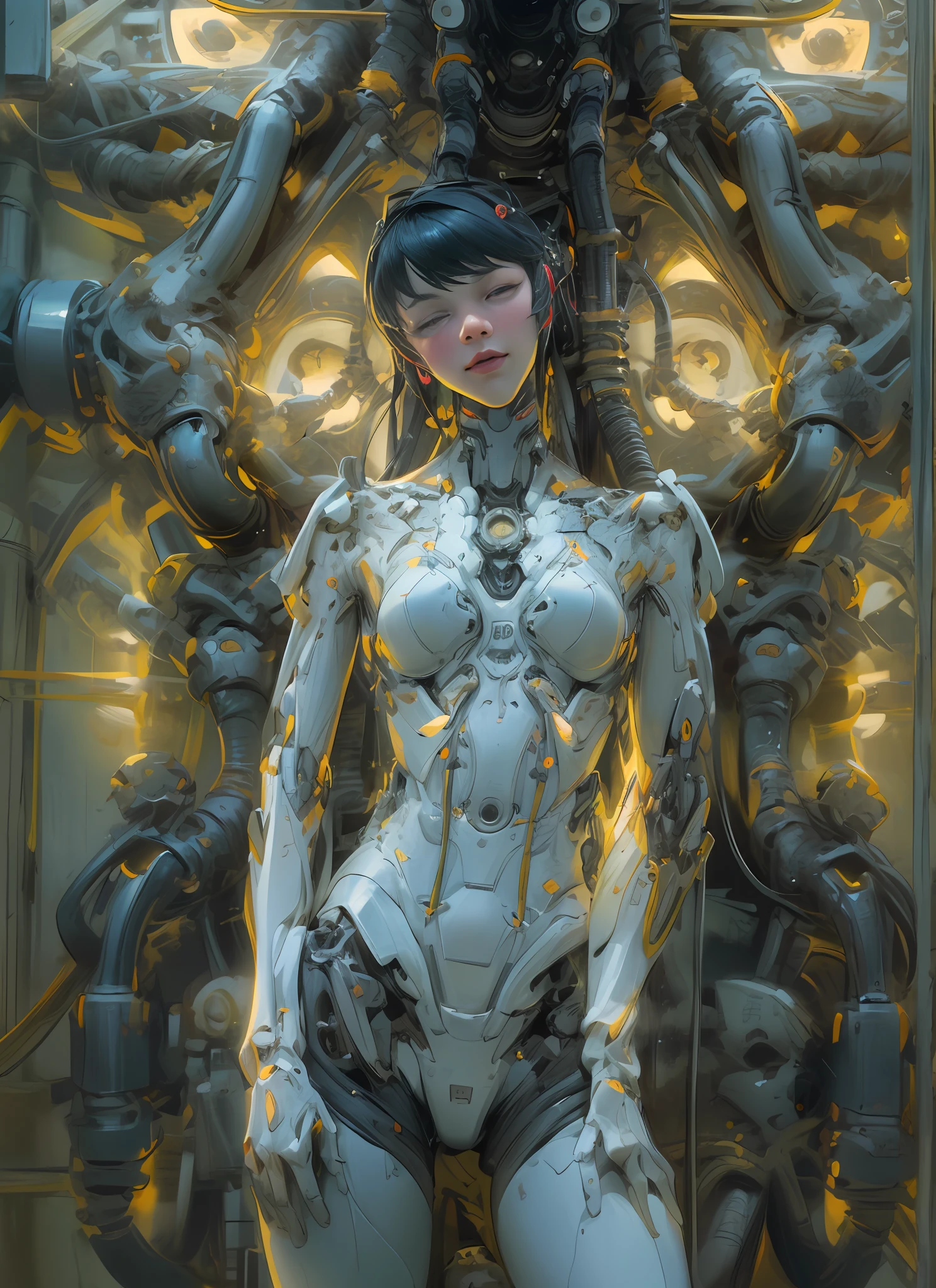 Top Quality, Masterpiece, Ultra High Resolution, ((Photorealistic: 1.4), Raw Photo, 1 cyberpunk android Girl, ((portrait)), Glossy Skin, (Ultra Realistic Details)), mechanical limbs, tubes connected to the mechanical parts, mechanical vertebrae attached to the spine, mechanical cervical attachment to the neck, wires and cables connecting to the head, Evangelion, ((Ghost in the Shell)), small glowing LED lamps, global lighting, deep shadows, Octane Rendering, 8K, Ultra Sharp, Metal, Intricate Ornament Details, baroque details, Very intricate details, realistic light, CGSoation trend, facing the camera, neon details, (android manufactory in background), art by H.R. Giger and Alphonse Mucha.