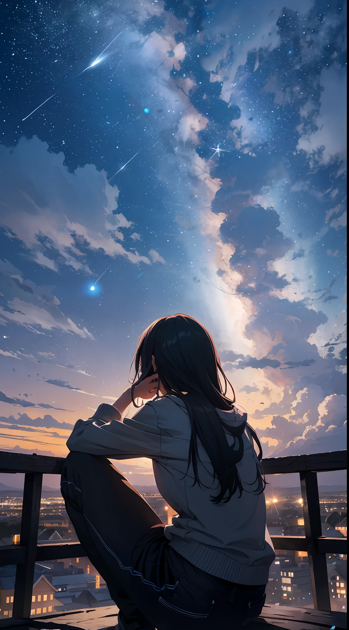 octans, sky, star (sky), scenery, starry sky, night, 1girl, night sky, solo, outdoors, building, cloud, milky way, sitting, tree, long hair, city, silhouette, cityscape