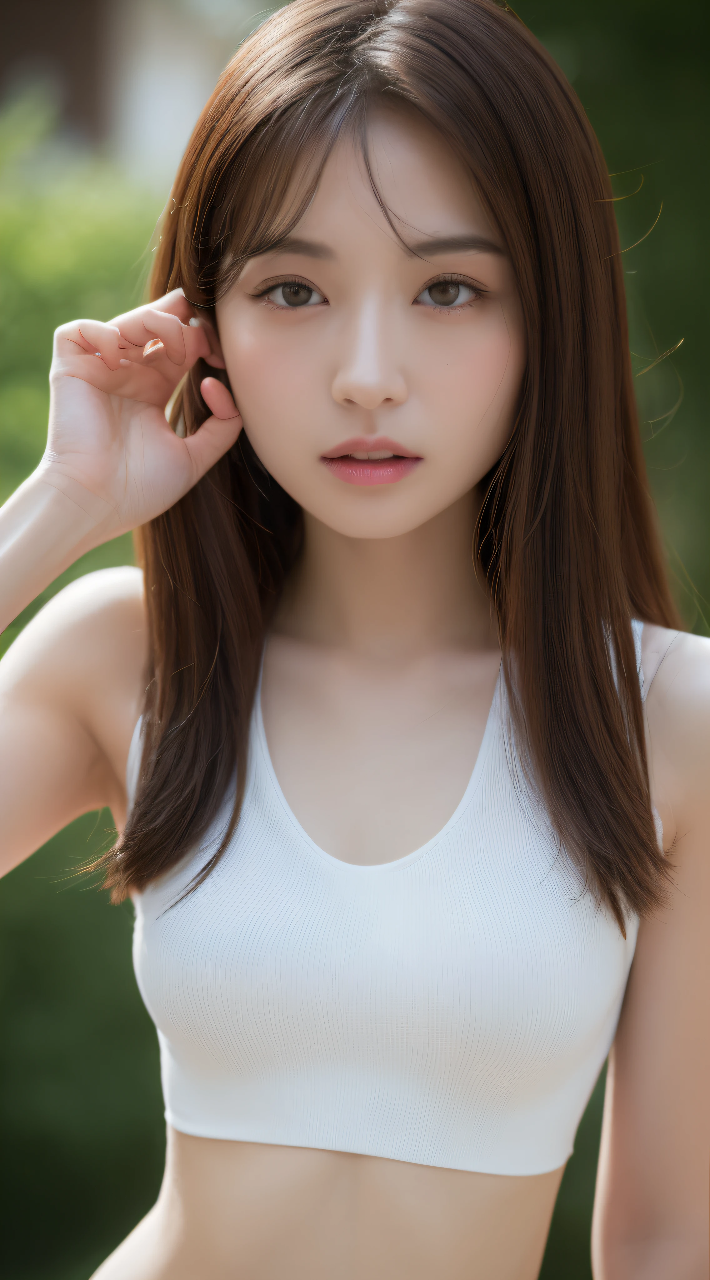 ((Realistic lighting、top-quality、8K、​masterpiece:1.3))、Clear Focus:1.3、1girl in、Perfect figure:1.4、Slim abs:1.1、((dark brown  hair))、(White crop top:1.4)、(outside of house、natta:1.1)、Street、Super fine face、Narrow-eyed、二重まぶた、hight resolution, a picture、full bodyesbian、sexy