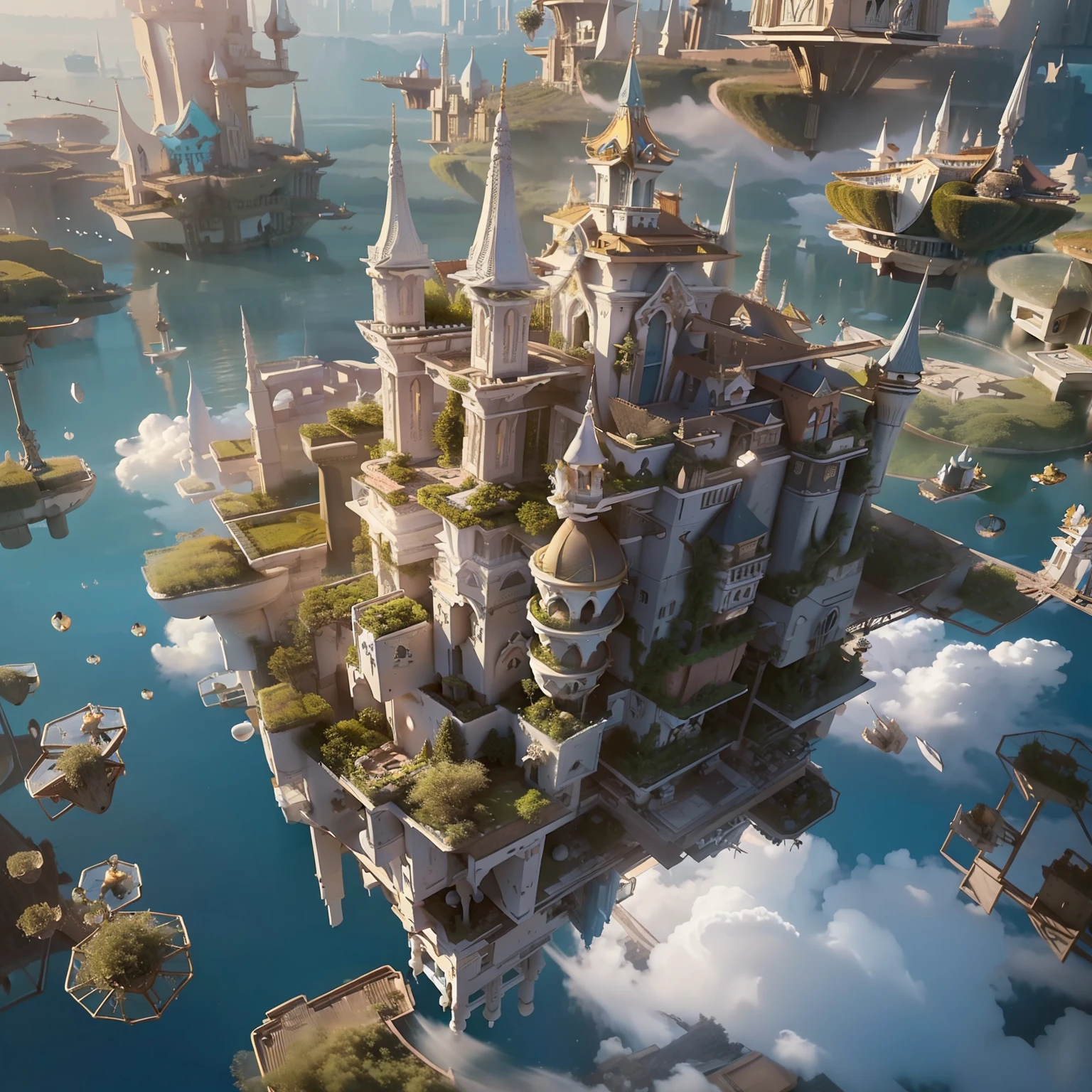 high high quality，Best quality at best，Realiy，Super realistic，super detailing,tmasterpiece，A high resolution，8K，Very realistic，Epic fantasy digital art style,sky cities，Endless Lagrange，Fantastic starry sky,(Extremely detailed floating city:1.3), ((1 Detailed mirage floating above the clouds)，(Detailed buoy spire illusion, Detailed floating bell tower illusion)，(Highly transparent mirage)，(Detailed view of the base of the Phantom Castle)),Ultra-detailed,extremely detailed and beautiful, Sky and white clouds and sunset glow background,Ultra-fine bird, (Floating city in bloom, Floating petals, A garden in bloom in the sky, Many vines on the wall:1.2) imagination, Dream， (Girl inside the floating city:1.8), (1 girl away from the camera:1.2), (super wide shot), Holy light, White dress, (full bodyesbian), Bare feet, (Backless dress), Solo