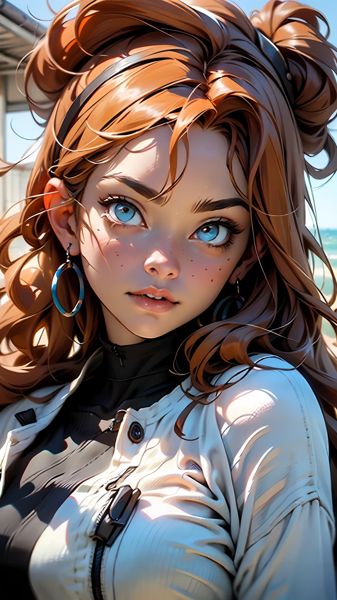 (Best Quality, Masterpiece), Best Quality, High Resolution, Masterpiece, Best Detail, 8k, Close Up, Realistic, 35mm, Intricate Detail, HDR, Intricate Detail, Ultra Detail, Natural Skin Texture, Surrealism, Sharp, Best Quality, High Resolution, (One Girl: 1.6), (lora:RussianDoll: 0.4), (Lora:TaiwanDoll: 0.4), (Best Quality, 8k, Masterpiece: 1.3), Highly detailed face and skin texture, detailed eyes,  double eyelids, bleached skin, long hair split edges, (round face: 1.4), blue sky, white clouds, HORIZON, sea, (behin shape) shooting angle, (cowboy shot) cowboy angle, add to your charm, RED HAIR