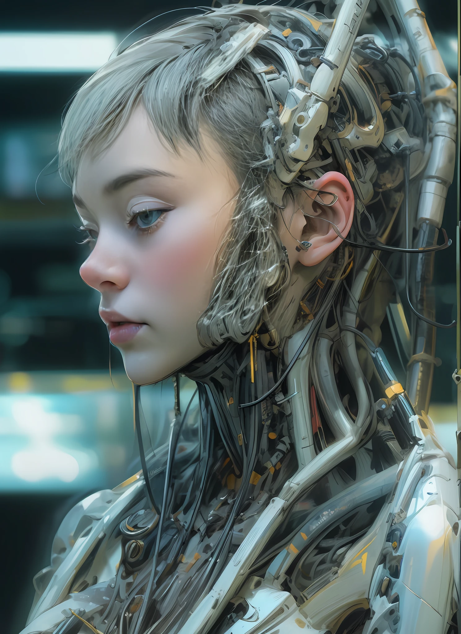Top Quality, Masterpiece, Ultra High Resolution, ((Photorealistic: 1.4), Raw Photo, 1 cyberpunk android Girl, ((portrait)), Glossy Skin, (Ultra Realistic Details)), mechanical limbs, tubes connected to the mechanical parts, mechanical vertebrae attached to the spine, mechanical cervical attachment to the neck, wires and cables connecting to the head, Evangelion, ((Ghost in the Shell)), small glowing LED lamps, global lighting, deep shadows, Octane Rendering, 8K, Ultra Sharp, Metal, Intricate Ornament Details, baroque details, Very intricate details, realistic light, CGSoation trend, facing the camera, neon details, (android manufactory in background), art by H.R. Giger and Alphonse Mucha.