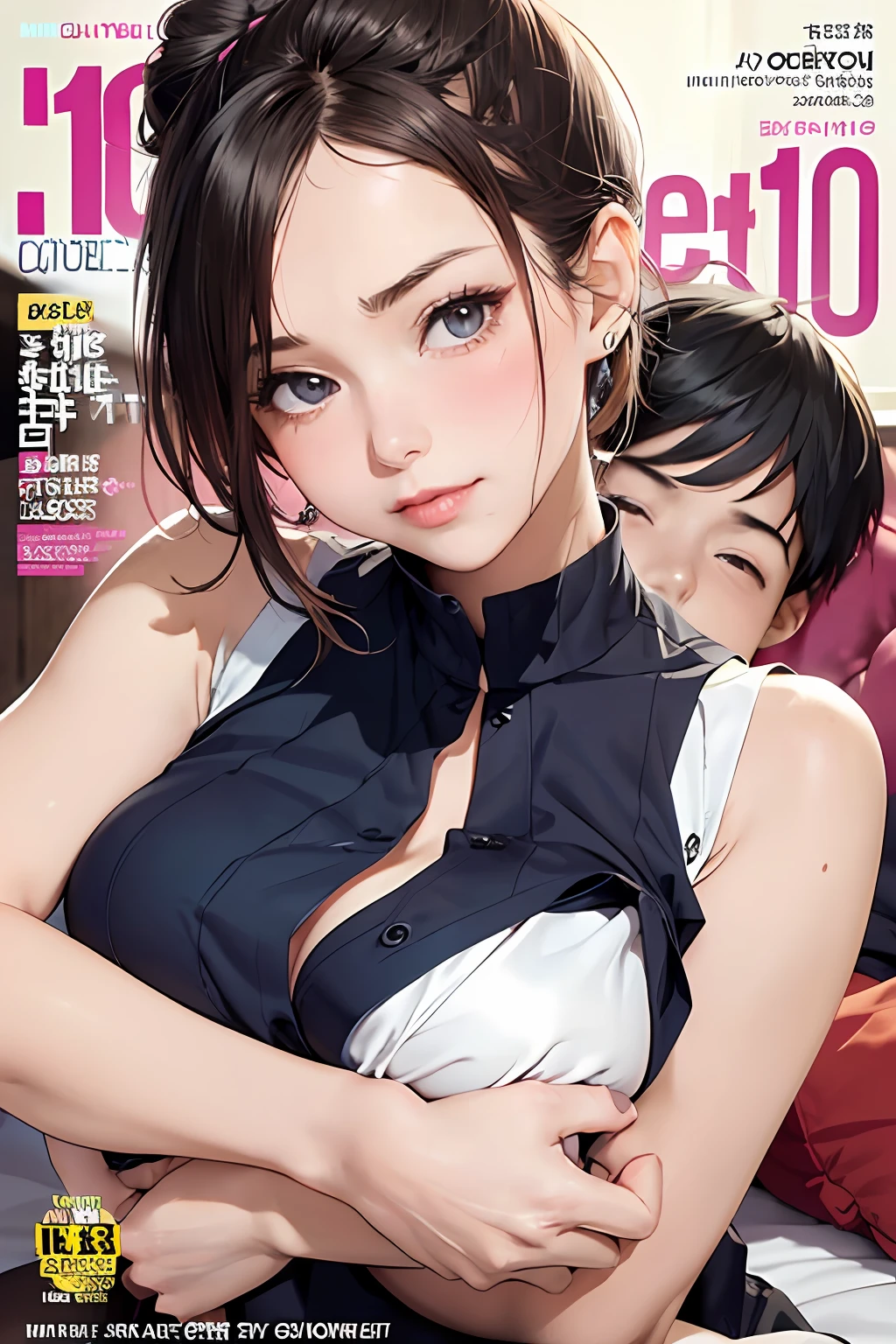 (colorful adult Magazine cover with lots of text)，(close-up:1.2)，pajamas， 1girl，Grasp by hand，(mother and son:1.5)，(kiss:1.2)，(A -yead boy4)，(hug)，(1boys:1.6)，{26-year-old lactating woman},drunken eyes,Side Chest,open at the chest,disproportionate breasts, Nipples standing up,sweat,((Sleeveless,sensual low-necked , open neckline:1.3)),{hairbuns，Women's hairstyle}, (areola:1.4)，Ultra-fine face, detailed eye, Double-fold eyelids，ssmile，pervert