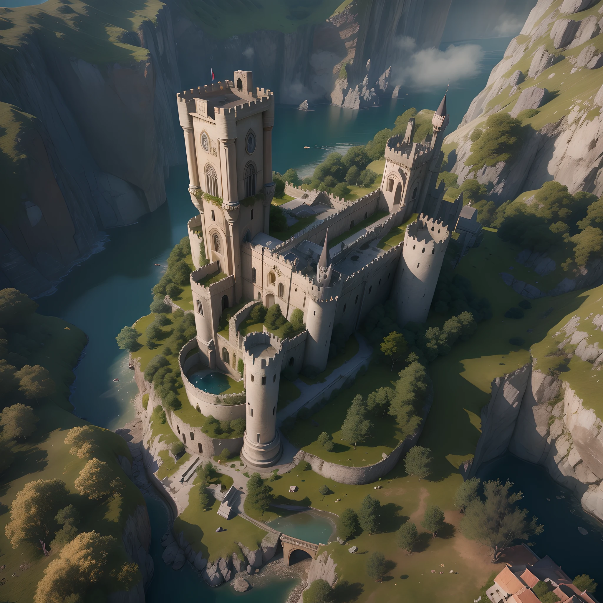 There is a castle on a small island in the middle of the mountains, Castillo abandonado en el cielo, Castillo de la Nube Voladora, renderizado en UnrealEngine, realistic fantasy render, Renderizado en Unreal Engine 3, High fantasy castle, Renderizado en Unity 3D, Renderizado en Unreal Engine 3D, Arte conceptual de torre medieval gigante, Una torre del homenaje medieval, renderizado en el motor irreal