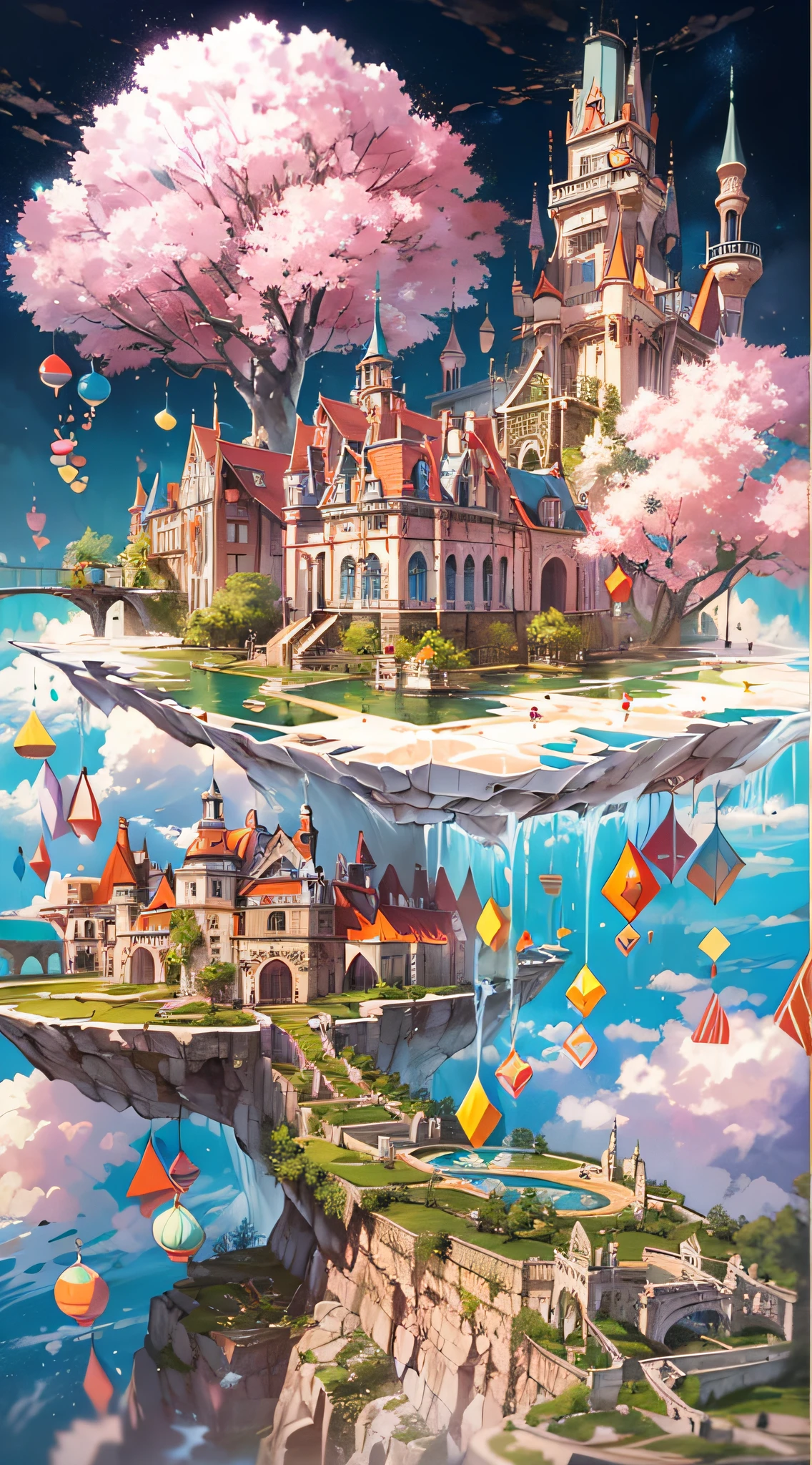 Upside Down World:2, (an pop artist's design of a floating castles made of candy on the floating the land and Forest and Fountain in the air, kawaii, sweet gothic, SD, look up to the A few Colorful clouds and thunderstorms)1.4, pink based detailed delicate cell anime work, bird's-eye view, scenery, setting sun, no humans:2, a fantastic magical world,  (Best quality), (masterpiece:1.3), (photorealistic:1.36), (realistic), ultra-detailed,, detail background,