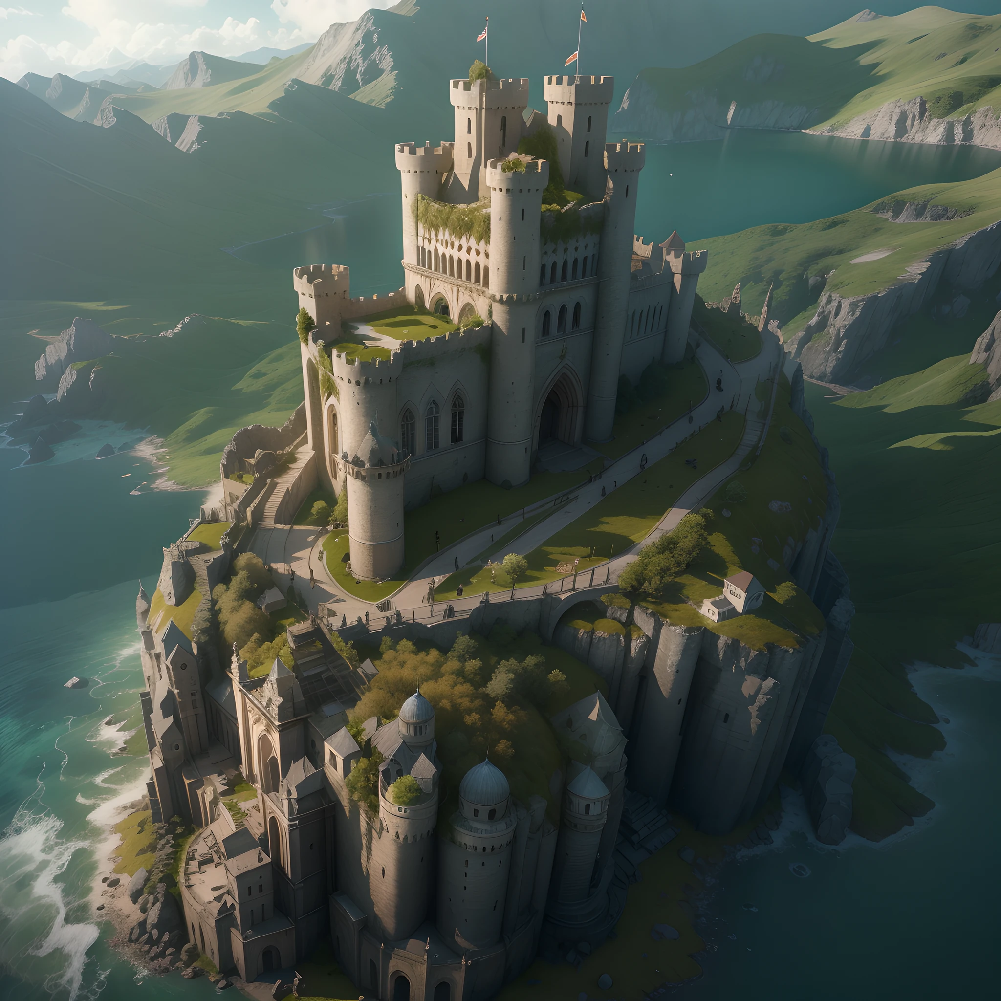 There is a castle on a small island in the middle of the mountains, Castillo abandonado en el cielo, Castillo de la Nube Voladora, renderizado en UnrealEngine, realistic fantasy render, Renderizado en Unreal Engine 3, High fantasy castle, Renderizado en Unity 3D, Renderizado en Unreal Engine 3D, Arte conceptual de torre medieval gigante, Una torre del homenaje medieval, renderizado en el motor irreal
