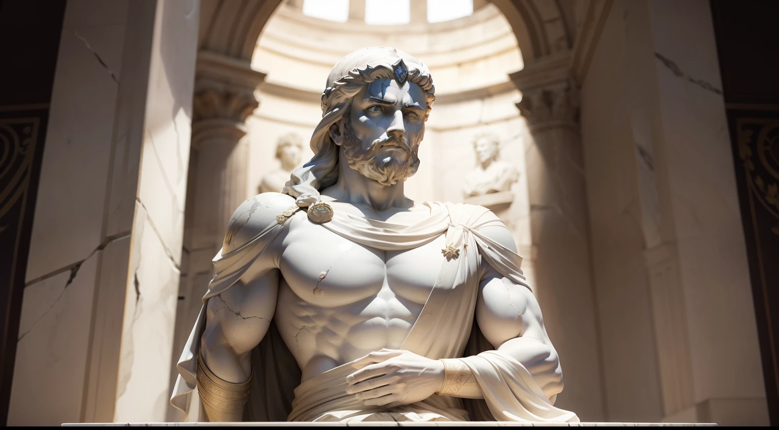 Uma imagem de um antigo imperador Romano ,Stoic Greek statue, 8k marble with cracks, fundo escuro S2,pose de poder