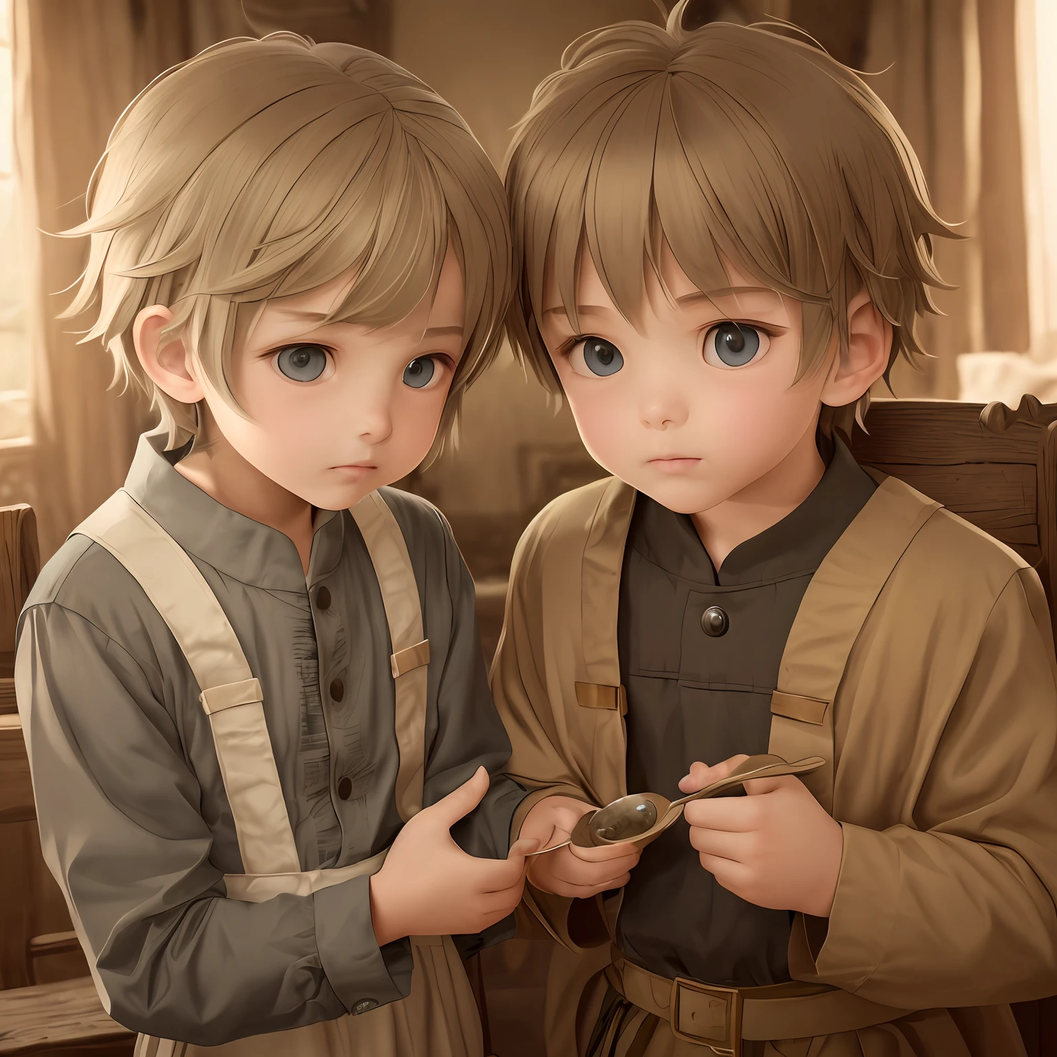 scenery, A huge ruined room with traces of battle, Duo of a girl and a boy, side-view, Hi-Def, ultradetail, European facial features, realeme fentezi, Pattern, portraite of a, side glance: childish, 3 years, dark brown long hair, dark eyes, Frowning, A fighting look into the distance, dressed in an old shabby gray cloak,Beautiful handkerchief, wrapped around her head, Hands raised up, Clarity: 8 months, scenery: side view Huge throne room with large windows, A 3-year-old girl in an old raincoat stands near the throne, Ao fundo, Near the throne, A 3-year-old boy hugs a girl by the shoulders, Rear side view: A 3-year-old boy hugs a girl by the shoulders, Standing behind the throne of steam (((male)), fashion photography, (Full portrait), (half), 独奏, Detailed background, Detailed Face, (stonepunkAI, Stone theme:1.1), wise, (beautiful hair, braid: 0.2), shaman, The partition is harsh, mysterious, (Gorgeous face), Stunning, The head is tilted upwards, (calm expression on his face), Calm, Intimate Interaction. detailed clothes, realistic skin texture, Clear Focus, voluminous lighting, Good moments, Good shadows, sub-surface Scattering, Complex, Highly detailed, ((film)), dramatic, (Highest Quality, Award-winning, Masterpiece: 1.5), (Realism)