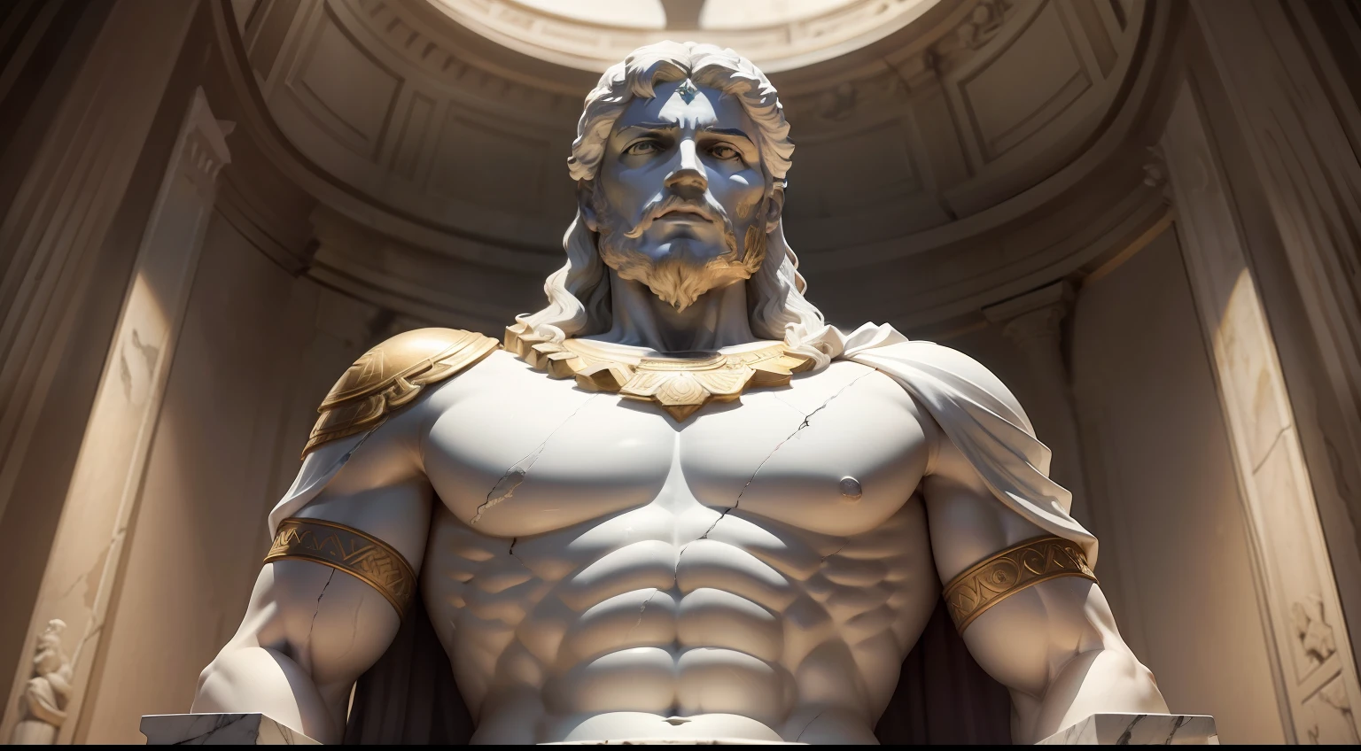 Uma imagem de um antigo imperador Romano ,Stoic Greek statue, 8k marble with cracks, fundo escuro S2,pose de poder