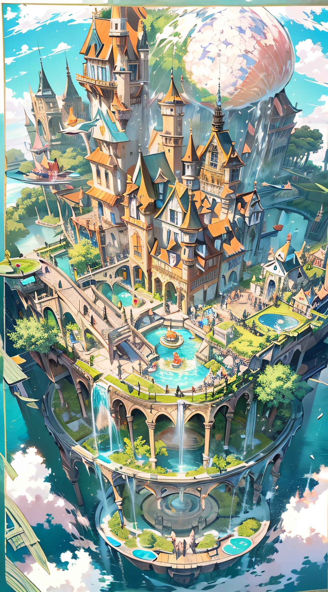 Upside Down World:2, (an pop artist's design of a floating Colorful castles made of candy on the floating the land and Forest and Fountain in the air, kawaii, sweet gothic, SD, above the A few clouds and thunderstorms)1.4, pink based detailed delicate cell anime work, bird's-eye view, scenery, setting sun, no humans:2, a fantastic magical world,  (Best quality), (masterpiece:1.3), (photorealistic:1.36), (realistic), ultra-detailed,, detail background,