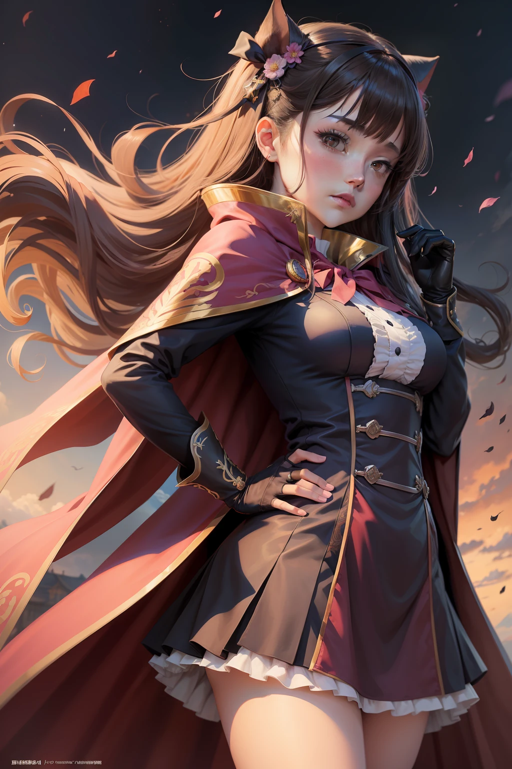 Anime girl in uniform waving cloak and gloves, inspired by Li Chevalier, inspired by Kamisaka Sekka, jojo anime style, with cape, marin kitagawa fanart, inspired by Tsukioka Yoshitoshi, illustrious makinami, Misato Katsuragi, Gainax anime style, inspired by Kōno Michisei