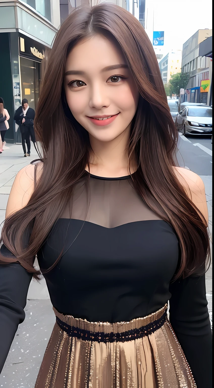 ((Best quality, 8k, Masterpiece :1.3)), 1girl, smiling, full body, slim face, Pretty woman, (Dark brown hair), full length dress :1.1, Ultra-detailed face, Detailed eyes, Double eyelid, blur background, slim face, city, outside, street,