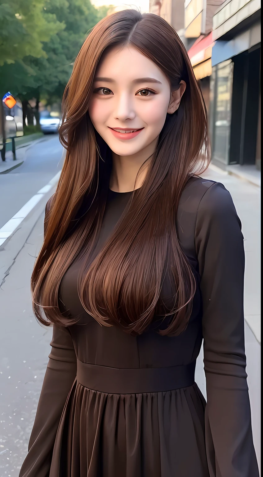 ((Best quality, 8k, Masterpiece :1.3)), 1girl, smiling, full body, slim face, Pretty woman, (Dark brown hair), full length dress :1.1, Ultra-detailed face, Detailed eyes, Double eyelid, blur background, slim face, city, outside, street,