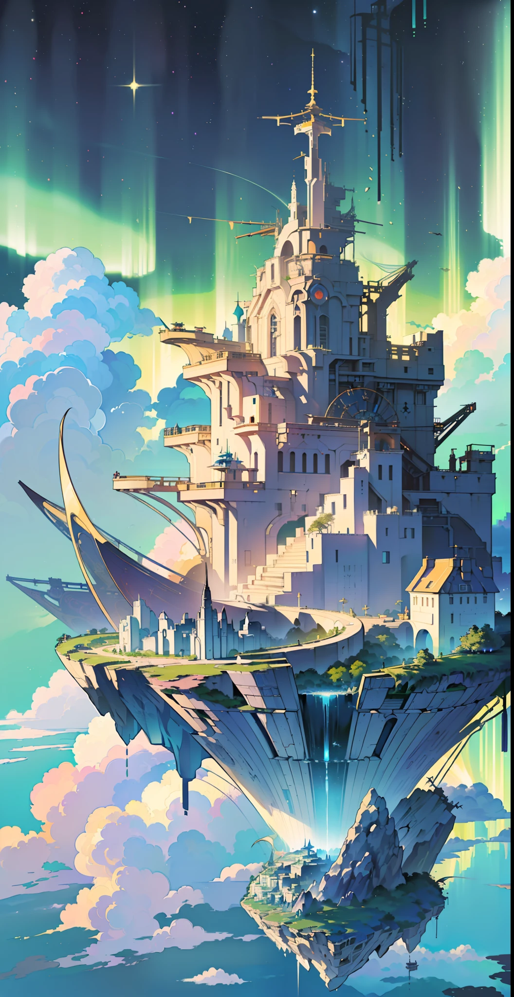 (flying cyberpunk city in the sky,cloud,sky,Floating island,the World Tree,Mobius strip,aurora,Outdoor overlooking scenery,All kinds of exotic flowers and plants,Chinese style fairyland design,deconstruction:1.35),(science fiction:1.2) city,Aerial view,Concept art,sky,(upper part starry sky water+Lower steam nebula waterfall+sunset glow),