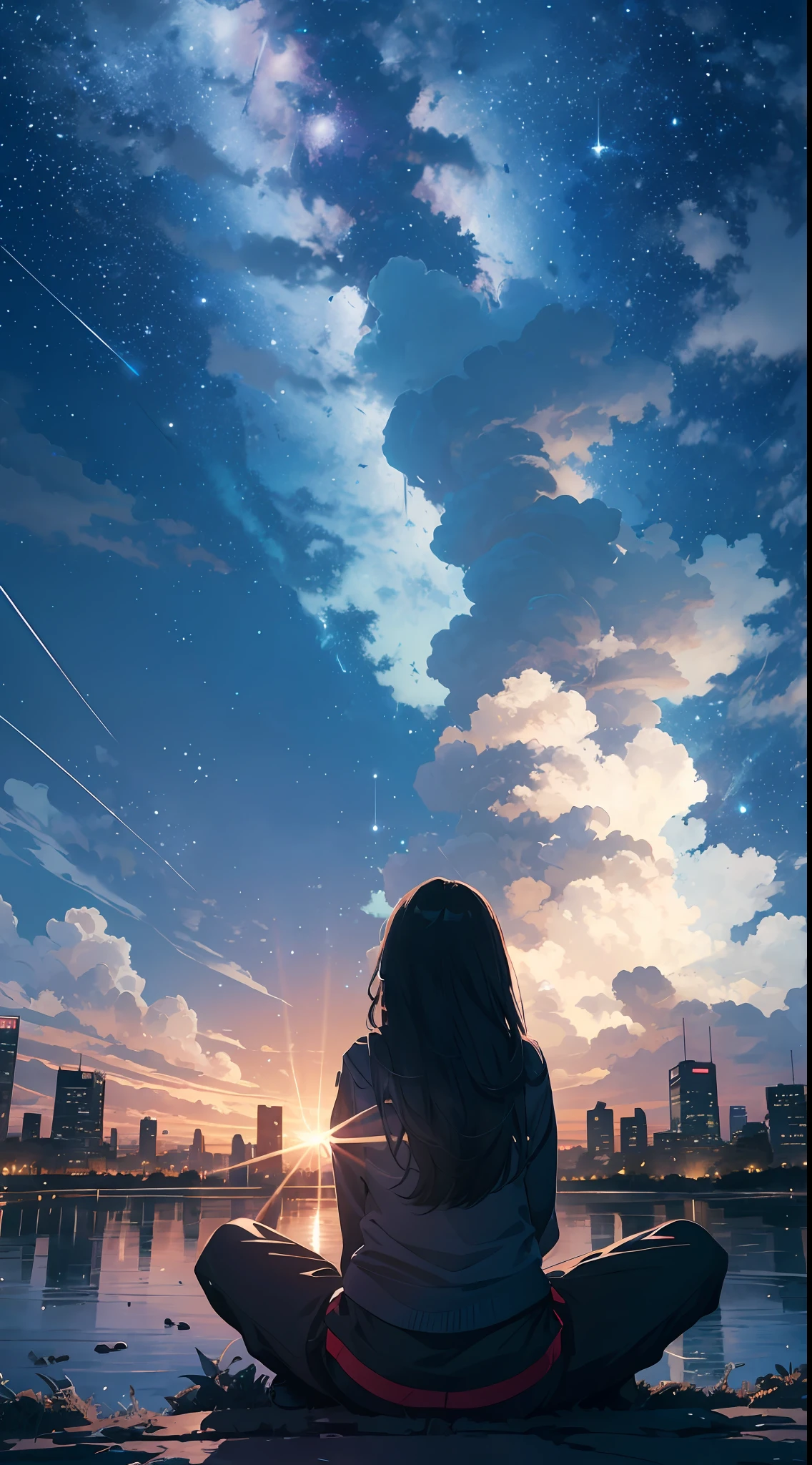 octans, sky, star (sky), scenery, starry sky, night, 1girl, night sky, solo, outdoors, building, cloud, milky way, sitting, tree, long hair, city, silhouette, cityscape