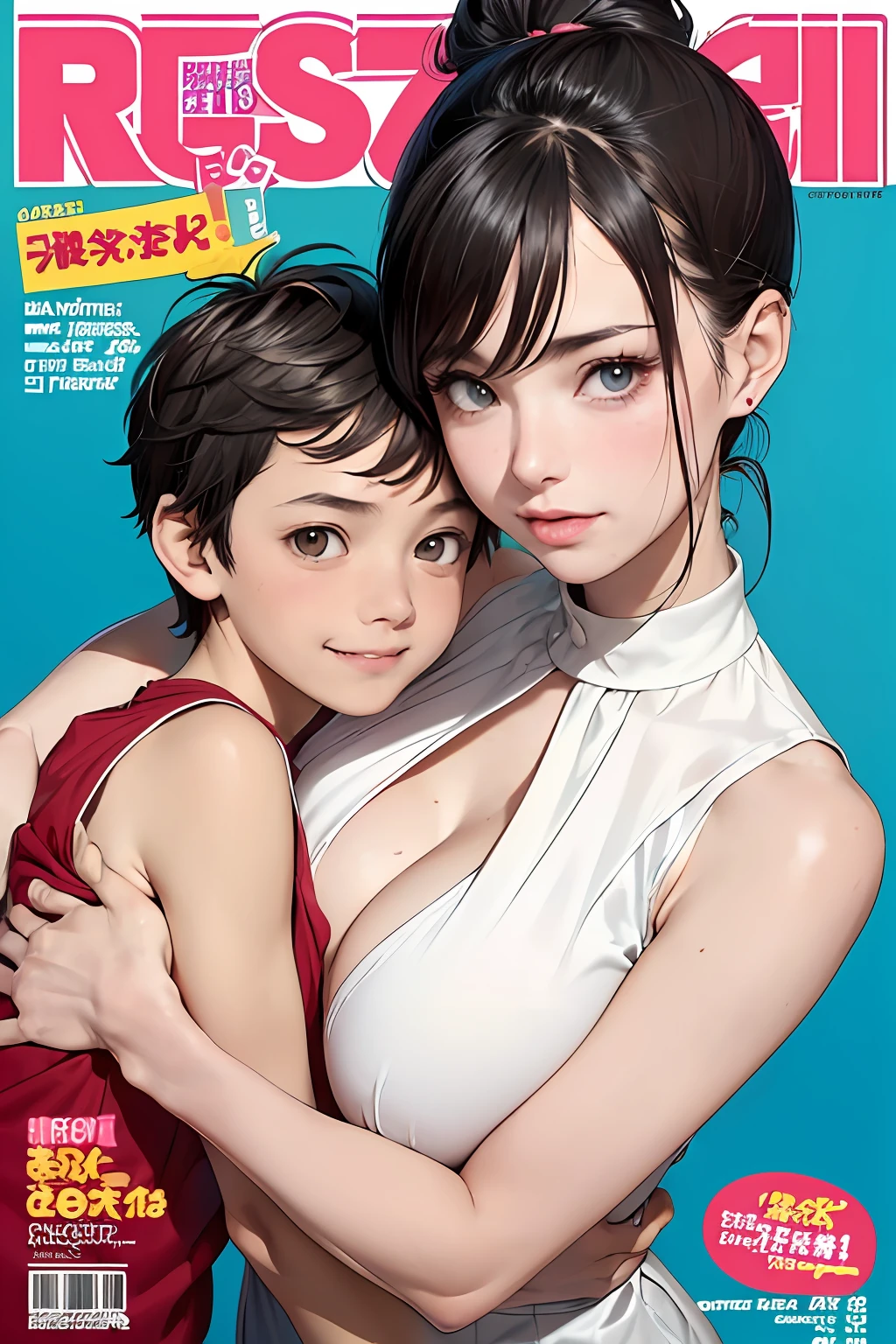 (colorful adult Magazine cover with lots of text)，(close-up:1.2)，pajamas， 1girl，Grasp by hand，(mother and son:1.5)，(kiss:1.2)，(A ten-year-old boy:1.4)，(hug)，(1boys:1.6)，{26-year-old lactating woman},drunken eyes,Side Chest,open at the chest,disproportionate breasts, Nipples standing up,sweat,((Sleeveless,sensual low-necked , open neckline:1.3)),{hairbuns，Women's hairstyle}, (areola:1.4)，Ultra-fine face, detailed eye, Double-fold eyelids，ssmile，pervert