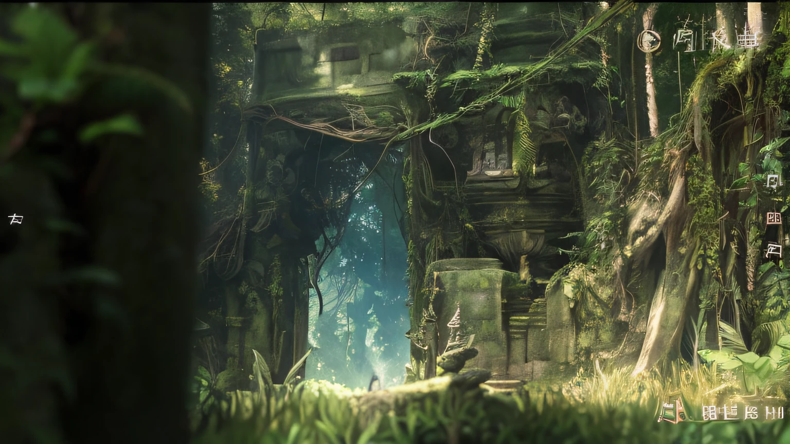 There is a picture of the forest，There is a tree and a building, secret overgrown temple, overgrown jungle ruins, ancient ruins in the forest, overgrown ruins, square enix cinematic art, overgrown jungle environment, ancient magical overgrown ruins, ancient overgrown ruins, art nouveau jungle environment, 3 d render and matte painting, ancient overgrown! 废墟