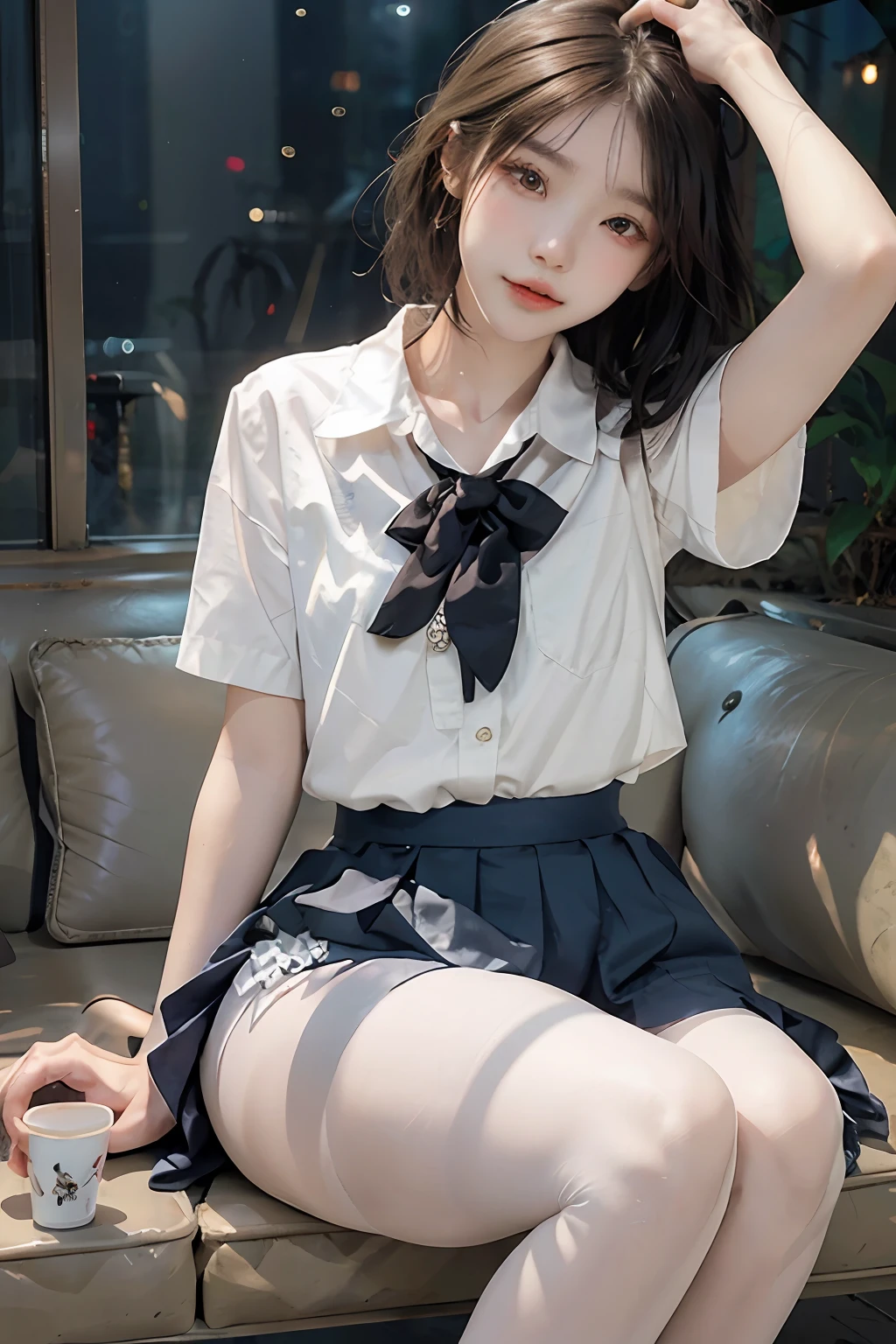 best qualtiy,tmasterpiece,超高分辨率,(Fidelity:1.4),(Ultra photo realsisim), (A high resolution), (8K),1girl,独奏,s the perfect face,flawless perfection,ren,tmasterpiece,professionalartwork,famousartwork,with short black hair,White skin,famousartwork,s the perfect face,beauitful face,beautidful eyes,((Perfect female body)),(immersiveatmosphere,lightand shade contrast:1.5,Bright light:1.2,lumnious),,(Blushlush:0.5),Enchanting expression,Ultimate detail_The eye,(medium thigh),(Small breasts),Exquisite background,depth of fields,photorealestic:1.3,Faraway view,The shirt,pleatedskirt,School Uniform,Sit Pose,full bodyesbian,(ambient lights:1.3),(cinematic compositions:1.3),(neonlight:0.1),(HDR:0.1),emphasis lighting,White panty hose,