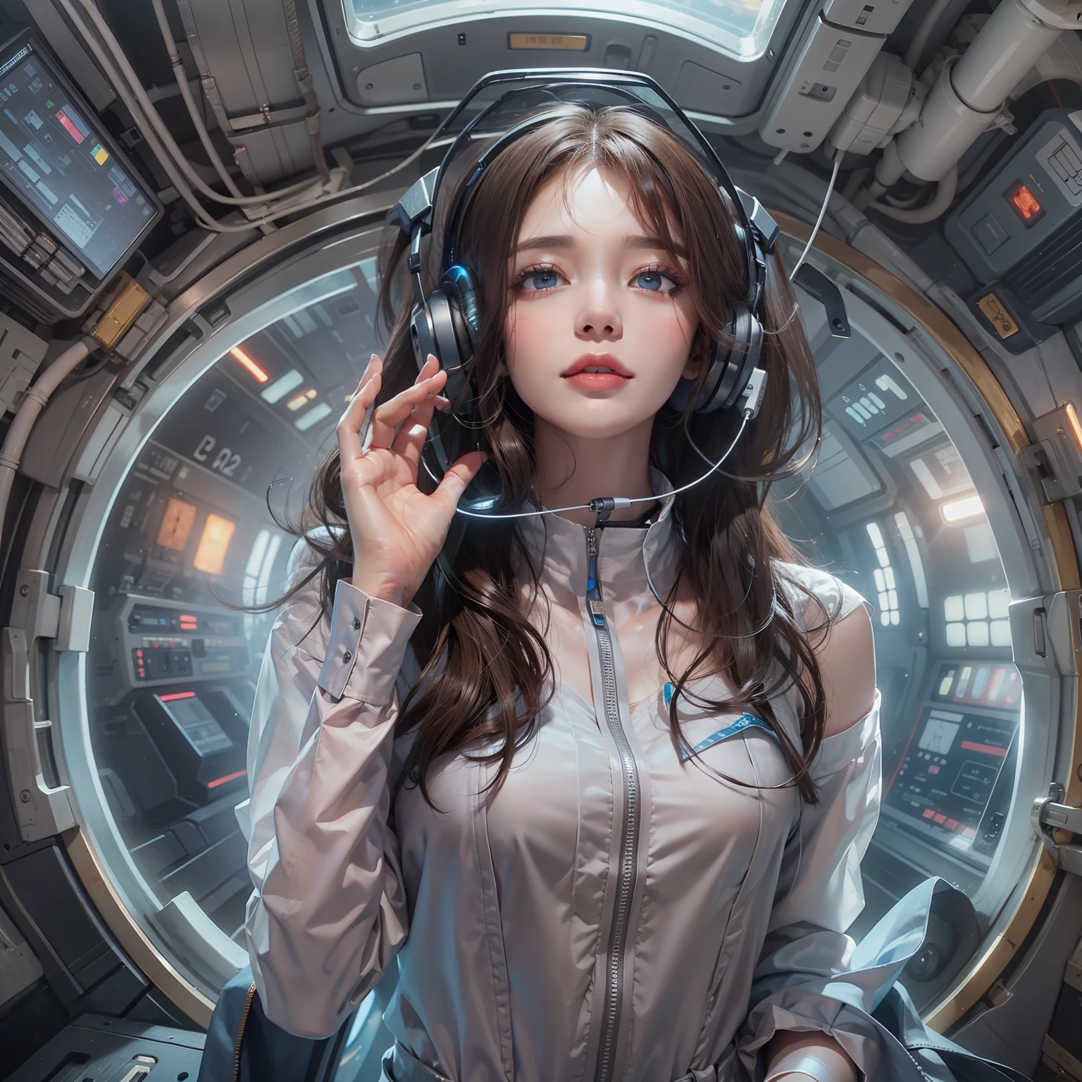 Enchanted woman happy to raise her hand　Perfect beauty　Beautiful eyes　Lustrous lips　long-sleeveＴwearing a shirts　Functional　head phone　Inside the spacecraft