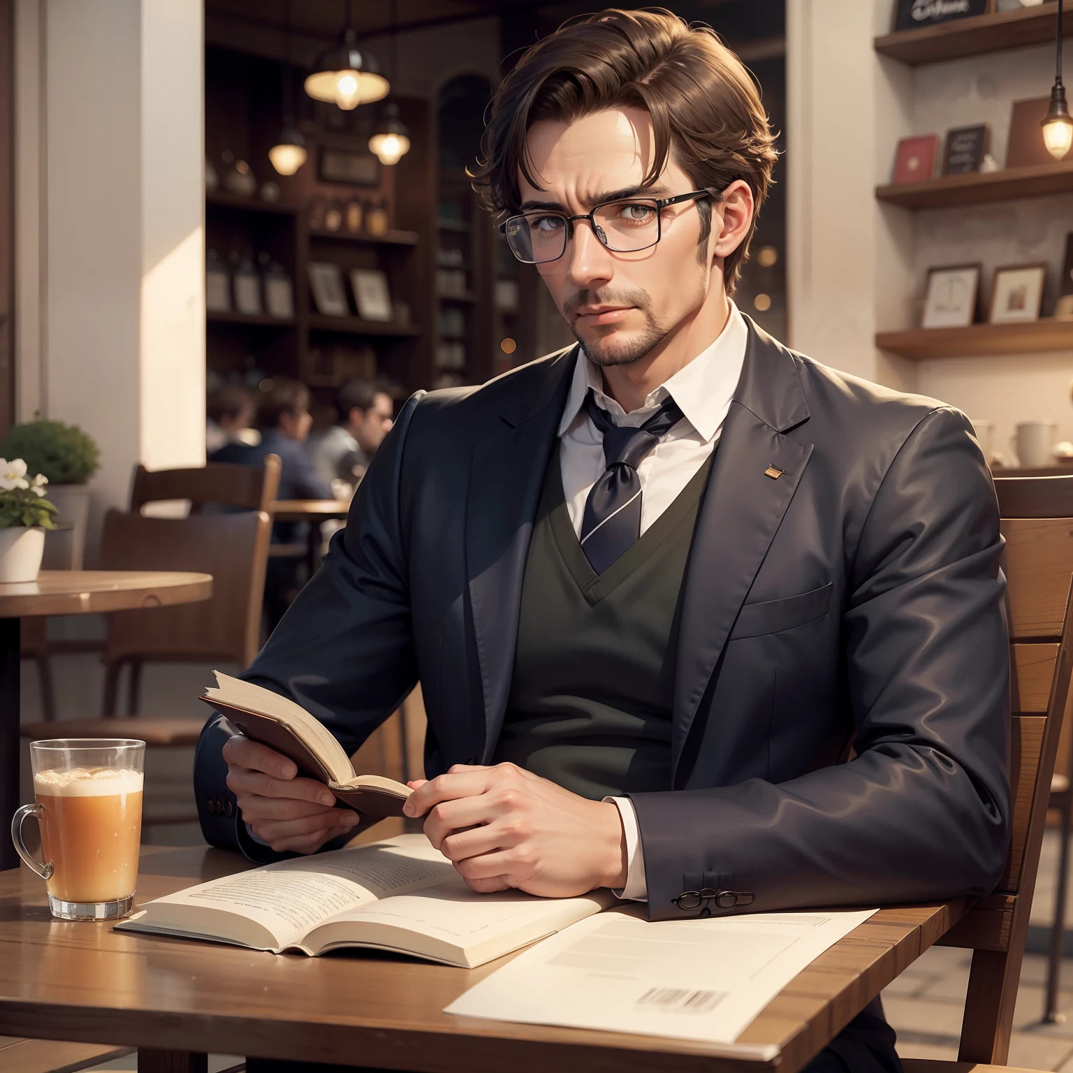 French man, glasses, sitting at a cafe, reading a book, drinking cafe