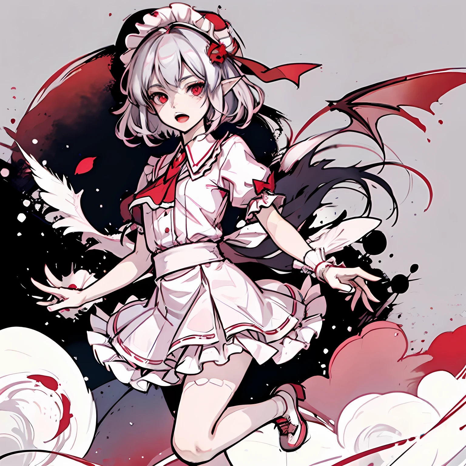 + (Remilia Scarlet: 1.4), (Masterpiece), (best quality), soft light, warm color, ((Super detail)), (illustration), (extremely delicate and beautiful), dynamic Angle, float, (beautiful detail eyes), (Detail Light), 1 girl
Hat, Solo, gems, frilly, ribbon, clean legs,  girl, cute little leather shoes, bow, bangs, shirt, skirt, big red bow on back, nails, standing, red eyes, short sleeves, open mouth, puffy sleeves, silver hair, pointed ears, puffy short sleeves, looking at the audience, (White frilly nightcap :1.3), short hair, Light pink dress, red nails, red tie, floral background, romantic background, ++(little devil wings on hips)++