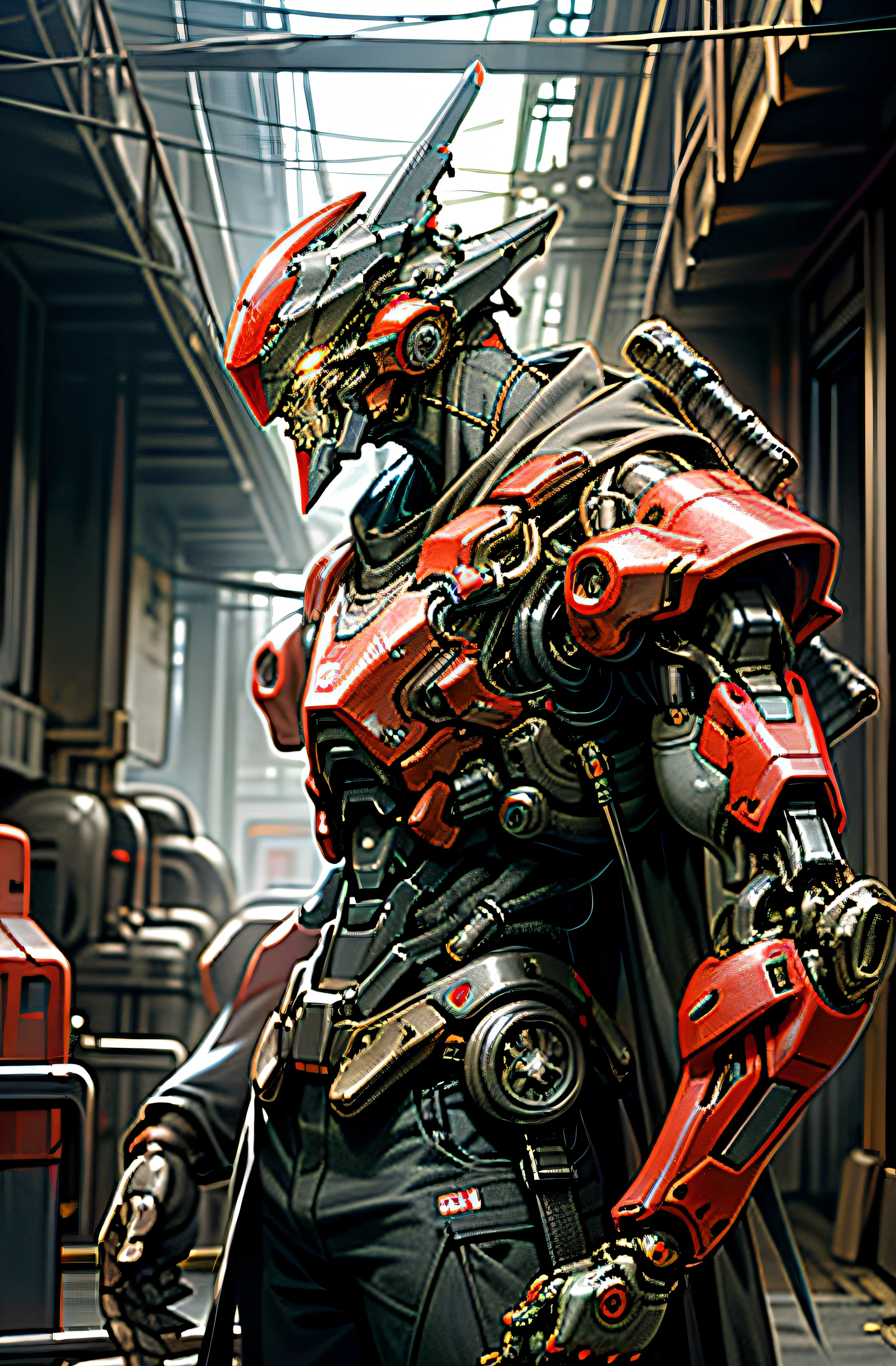 Dark_Fantasy, Cyberpunk, (chain saw, chain saw man, Red: 1.1), 1man, Mechanical marvel, Robotic presence, Cybernetic guardian, wearing shabby mech suits, intricate, (steel metal [rusty]), elegant, clear focus, photographed by Greg Rutkowski, Soft lighting, bright colors, masterpiece, ((street)), cowboy shooting, dynamic pose, holding tech rifle (8k, RAW photo, best quality, masterpiece: 1.2)
