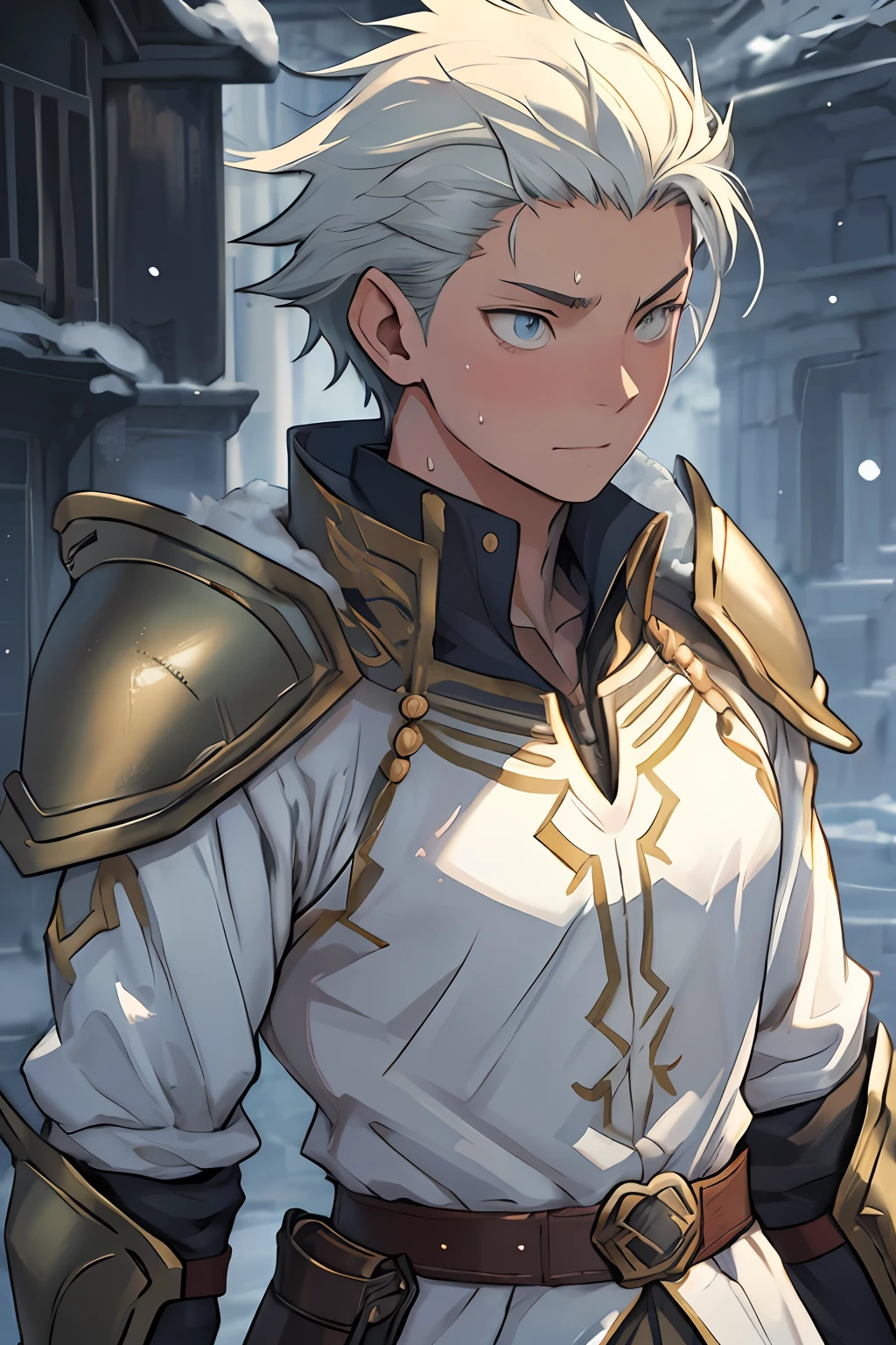 quadratic element,style of anime,male people,upperbody closeup,youth,Game quality,Chivalry,Light and shadow tracking,Ray traching,detailed glow, CG rendering,at winter season,with short black hair,blue color eyes,Sweat on the face,Beads of sweat slipped down my neck,Tight combat uniform,There is armor on the shoulders,There is a belt at the waist,Clothing is complicated,Perfectcomposition,Refinement,closeup cleavage,high qulity,higher details,Face details,Middle Ages style,Lots of details,The background is complex,a sense of atmosphere,