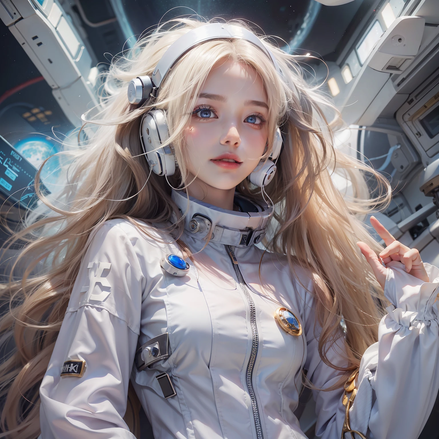 Enchanted woman happy to raise her hand Perfect beauty Beautiful white skin Beautiful eyes Lustrous lips Nice smile long sleeveTwearing a shirts Functional head phone Inside the spacecraft