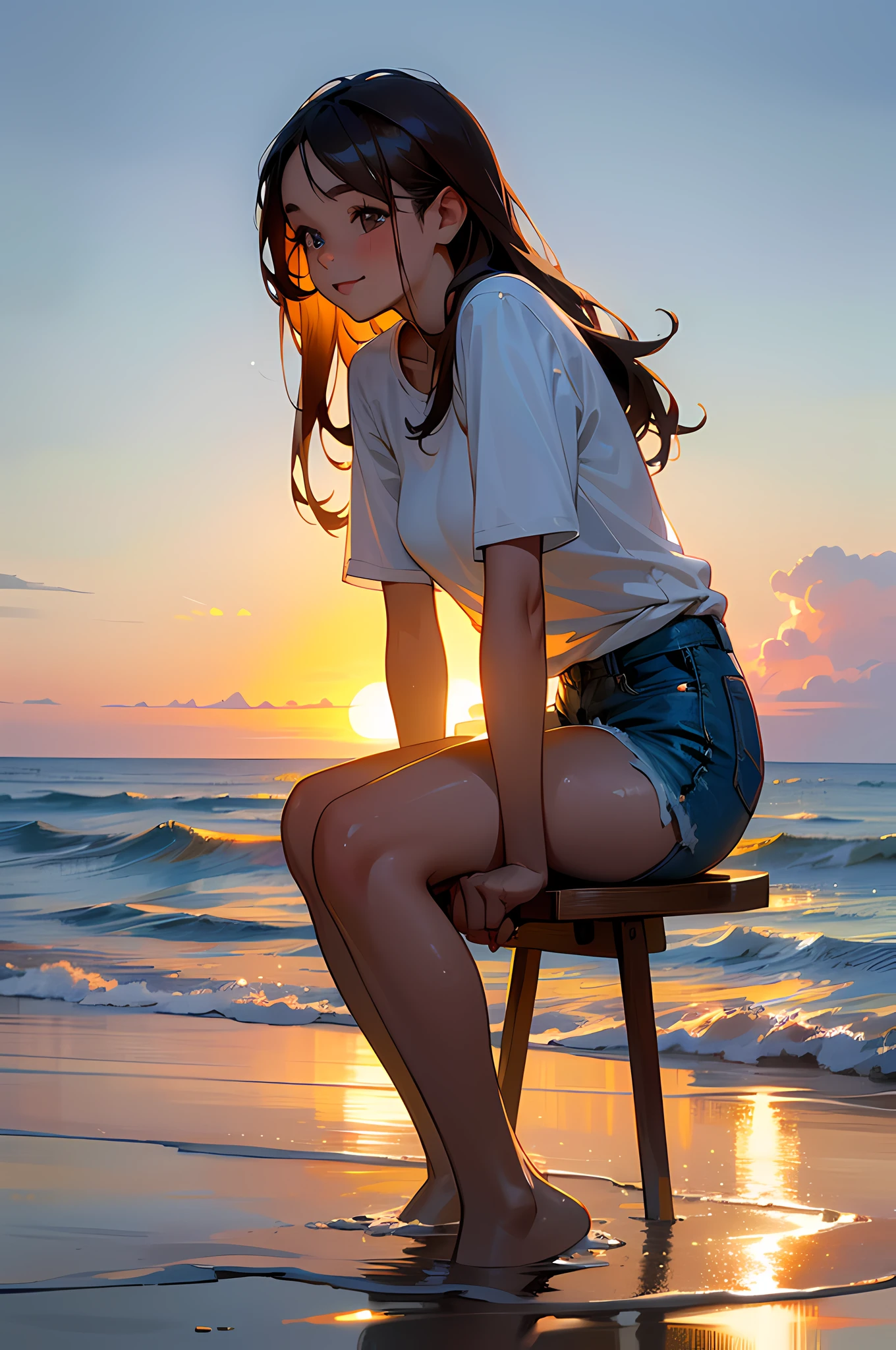 Beautiful sea at sunset, waves dyed by the setting sun, calm and quiet waves, one very beautiful woman sitting on the beach looking at you, smiling, beautiful eyes, long brown hair, (( the woman's face is Beautifully detailed)), wet and shiny, wet white T-shirt, denim mini skirt, bare feet, beautiful legs, ((masterpiece)), ((highest quality)), ((high resolution 16k)), ((The background is realistic and beautiful finish)), --auto