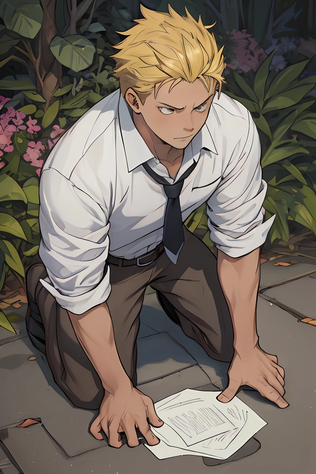 (1 Adult male),A high resolution, Sharp focus, Pixiv masterpiece, ((Complicated details)), highly detailed, natsuki_subaru, 1 man,black-skinned,Defeat, crestfallen,full bodyesbian,kneels on the ground, (Kneel to the enemy),(A gesture of pleading),(Beg),Golden eyes(eyes glowing), Short yellow hair,white shirt,Wear a tie,Wear a belt,perspire,look from down