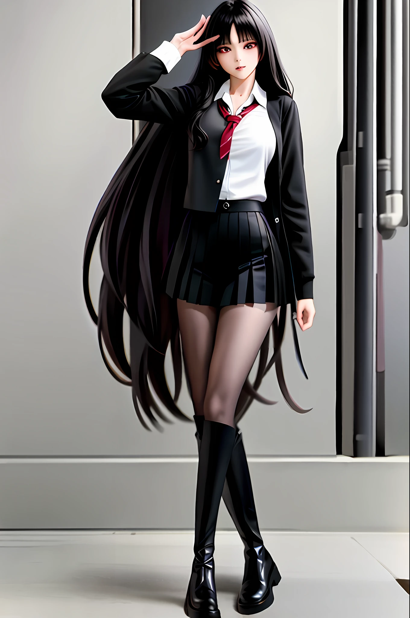 dynamic angle, absurdres,original,extremely delicate and beautiful,beautiful detailed eyes and face,1girl, black_hair, looking_at_viewer, solo,(masterpiece:1.4),(best quality:1.4),black leather boots, large breasts, black hair, red eyes, very long hair, school uniform, white shirt, pleated skirt, collared shirt, blunt bangs,