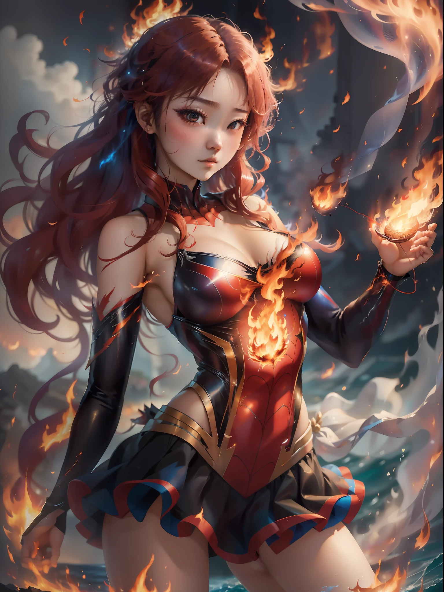 Japan female body, Spiderman costume dress, Cute 25 years old,Big Tits Neon Blue Sky, loimu。loimu。flames all around。🔥。Beauty who manipulates flames。Manipulate the flames at your disposal。Flame Magic。Above the sea。red hairs。shorth hair。skirt by the。Flame from the palm。Swirling flames。