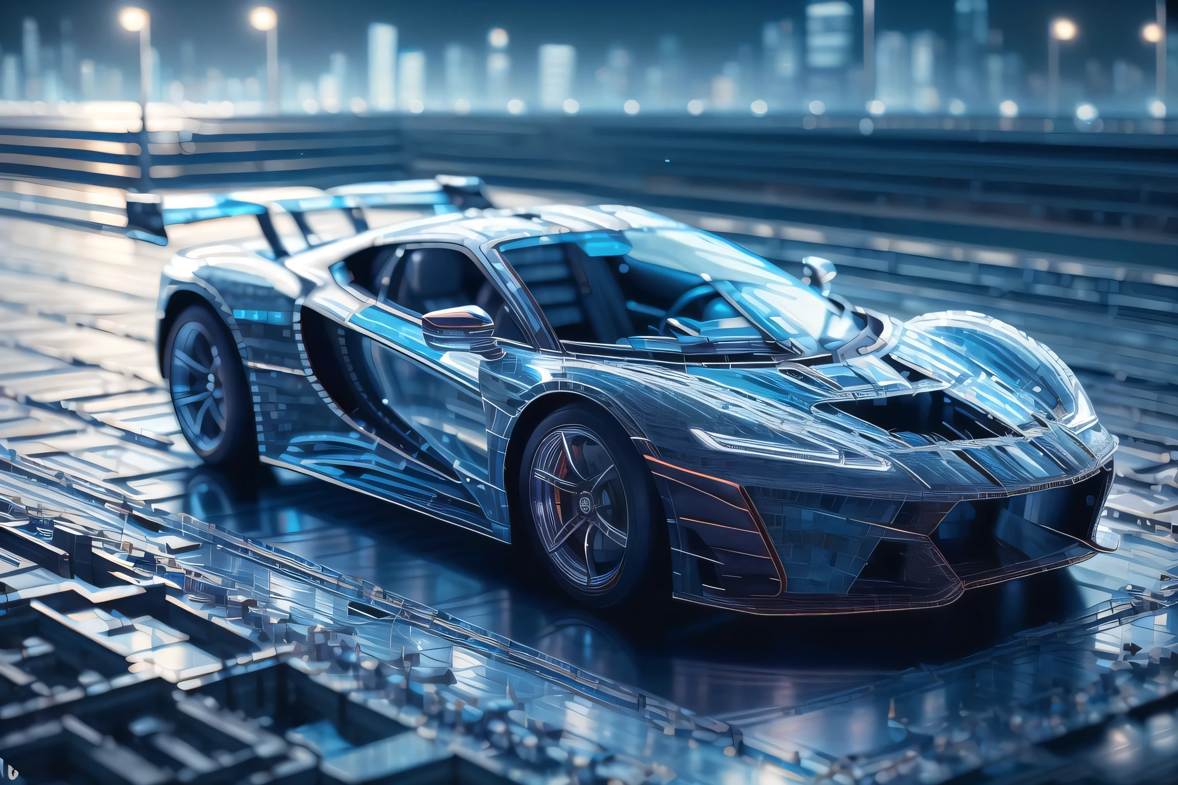 masterpiece,car, ground_vehicle ,  vehicle_focus,  sports car, highway, light trail, glasstech ,   scifi,   chromatic aberration, city lights,  illustration,
