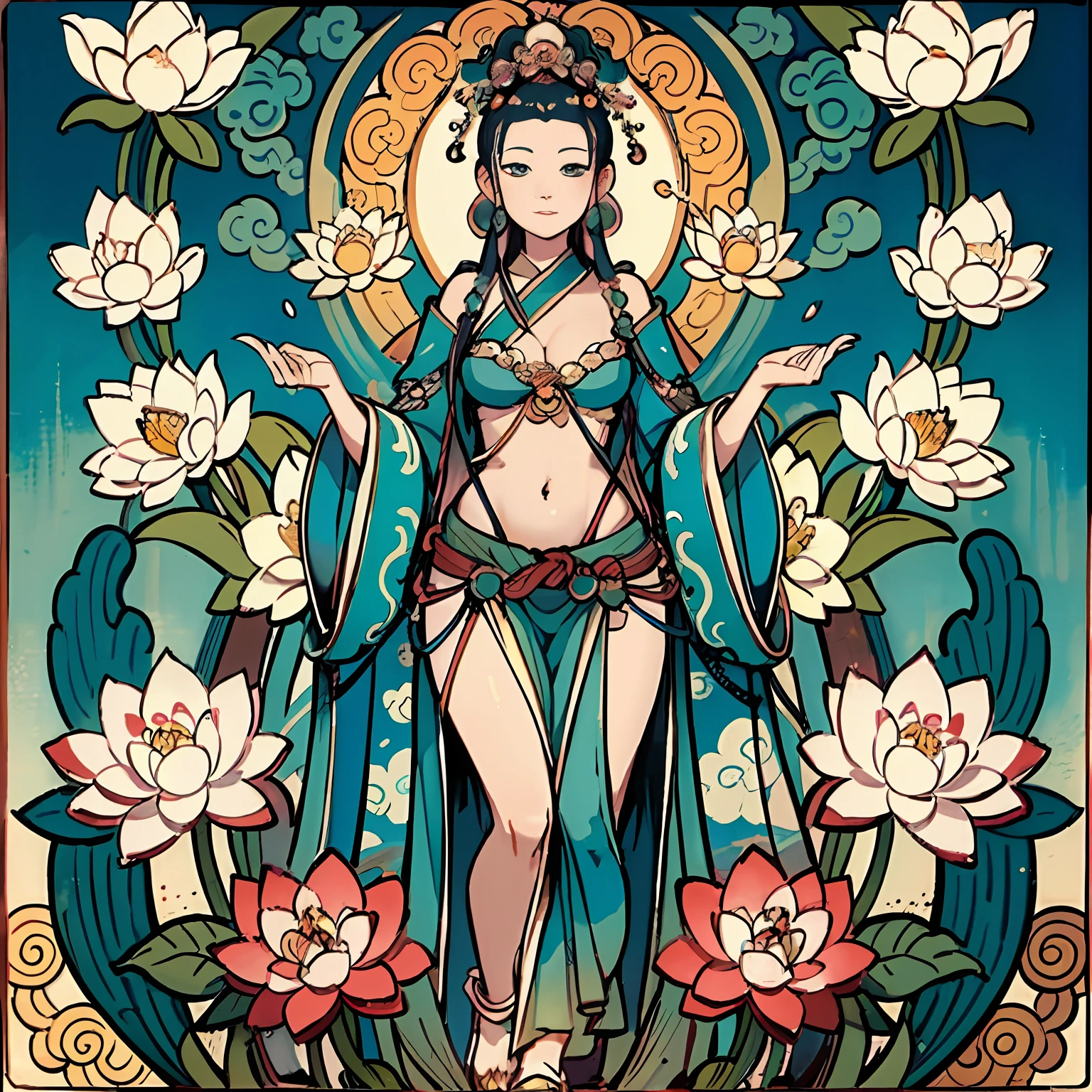 "contented female bodhisattva,guanyin of the southern seas,Serene expression,standing on a lotus,goddess of love and peace,attractive male deity,the non-binary deity of spring,goddess of nature"