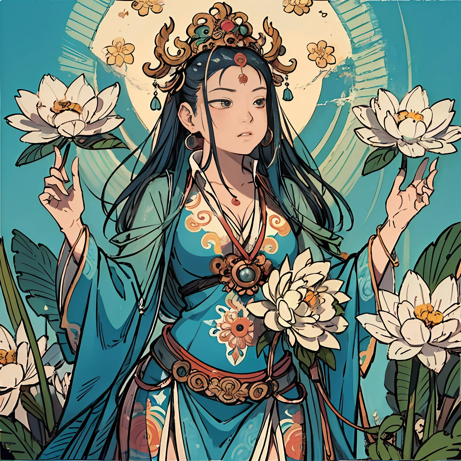 "contented female bodhisattva，guanyin of the southern seas，Serene expression，standing on a lotus，goddess of love and peace，attractive male deity，the non-binary deity of spring，goddess of nature"