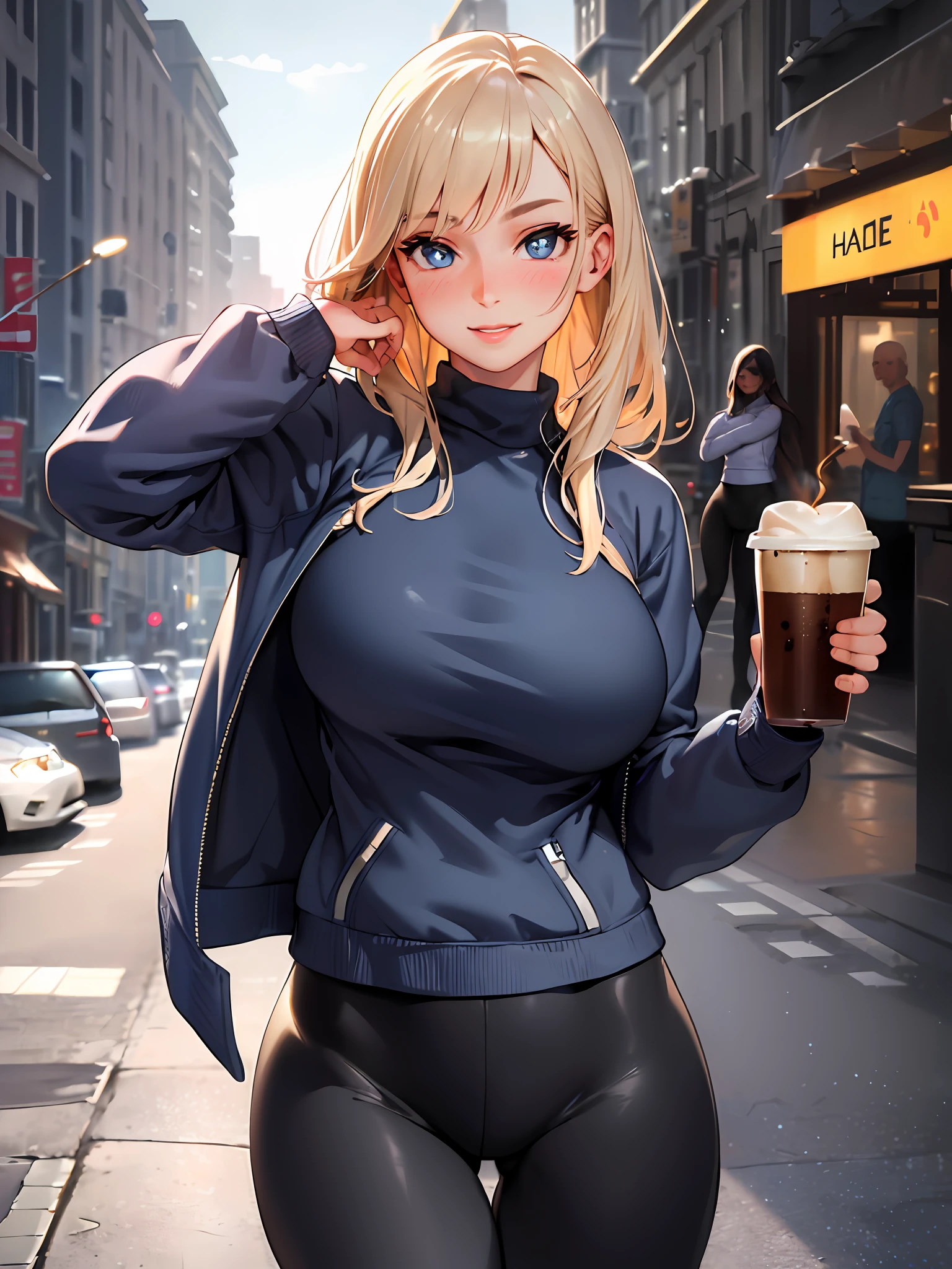 (masterpiece, best quality:1.4), (modern days), (cowboy shot), 1girl, solo, pov, sfw,
stunning girlfriend, (standing:1.1), dynamic pose, (white oversized sweater, knit sweater:1.4), (tight yoga pants, dark grey yoga pants:1.4), (short navy blue jacket, denim jacket:1.4), long blonde hair, swept bangs, heart shaped face, elegant face, beautiful face, highly detailed face, highly detailed skin, skin pores, subsurface scattering, (detailed blue eyes), realistic pupils, large breast, loving smile, looking at viewer, full face blush, full lips, holding a single coffee cup, centered,
coffee shop in background, city street, sunny day, wind, detailed background, depth of field, atmospheric perspective, volumetric lighting, sharp focus,
absurdres, realistic proportions, good anatomy, (realistic, hyperrealistic:1.4), 16k hdr,