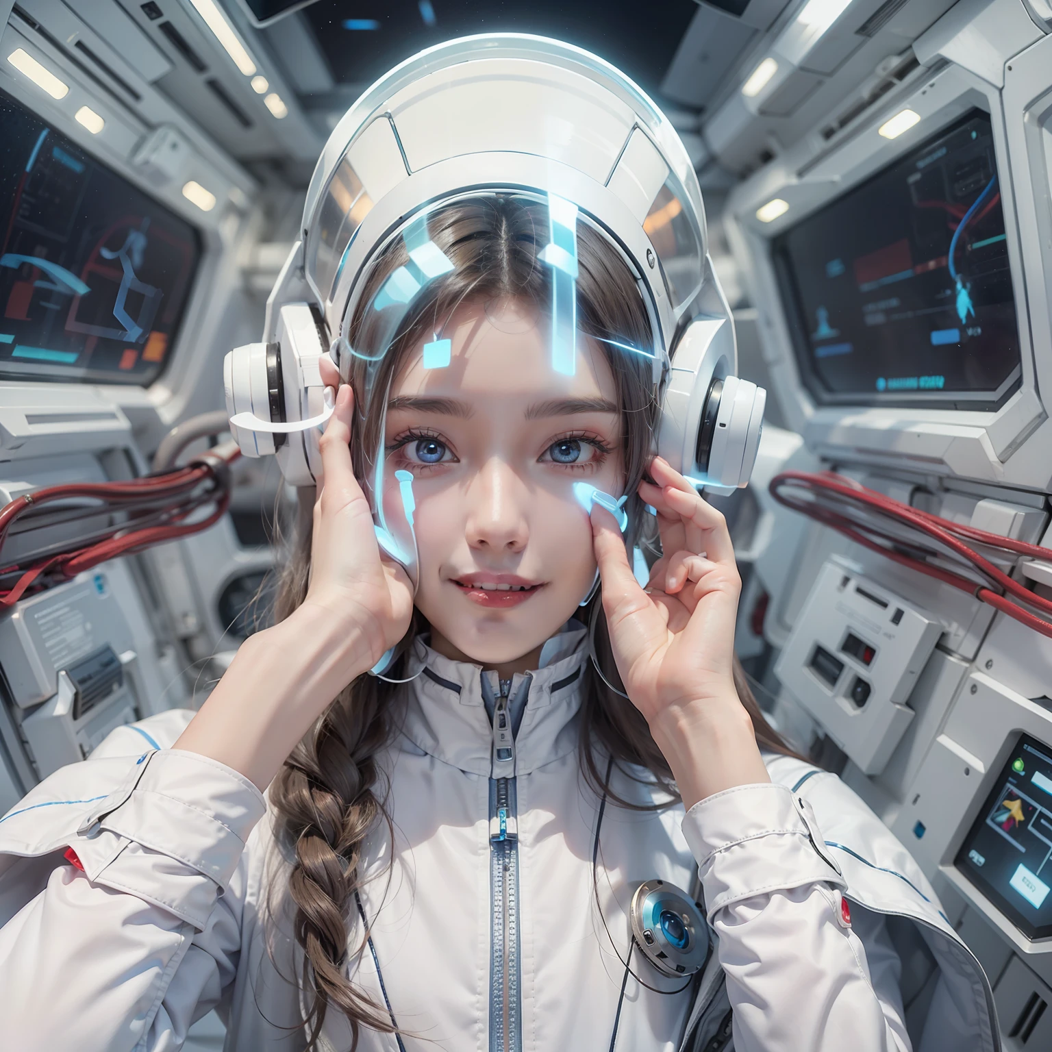 Enchanted woman happy to raise her hand　Perfect beauty　Beautiful white skin　Beautiful eyes　Lustrous lips　lovely smile　Wearing a spaceship suit that sticks to your body　Functional　head phone　Inside the spacecraft