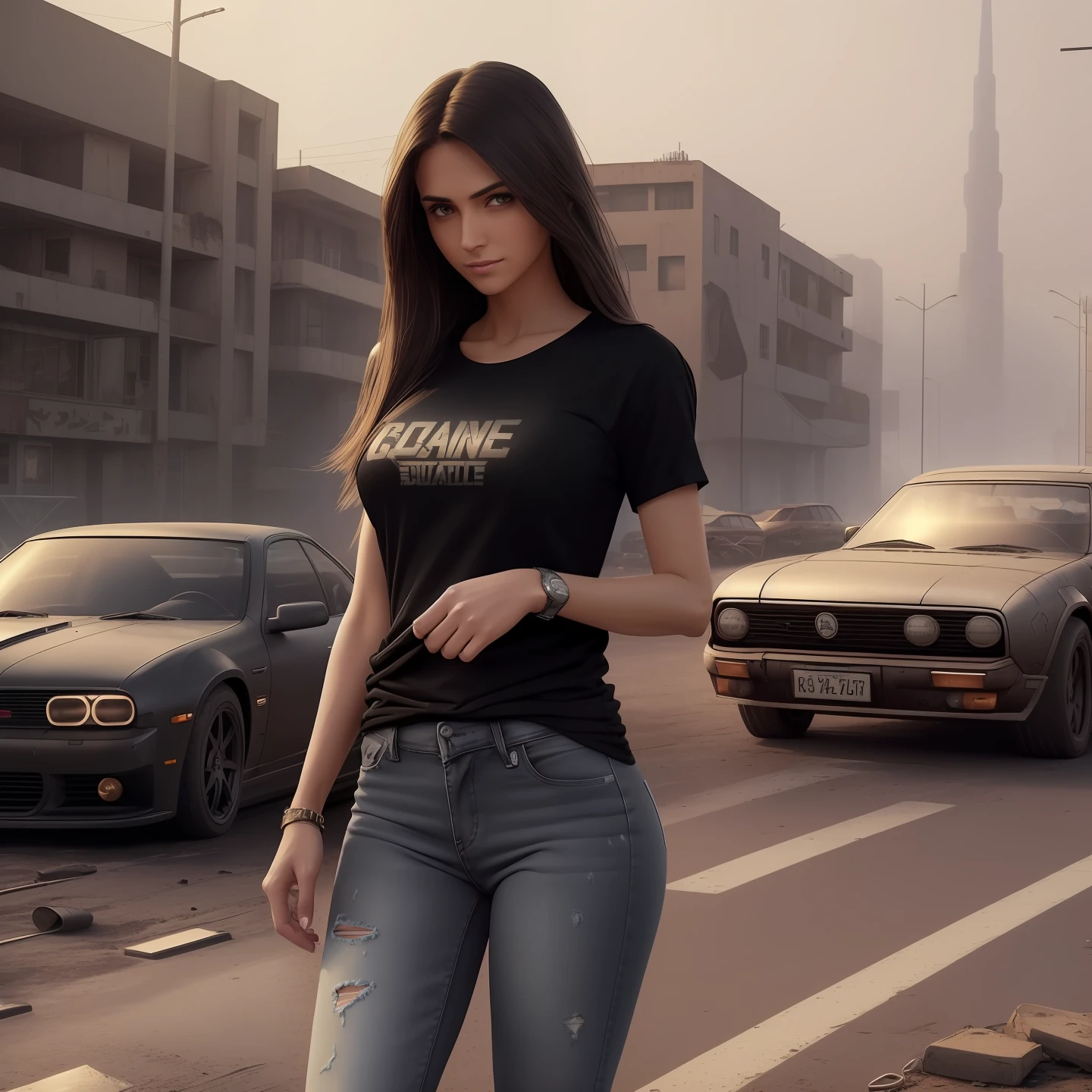 end of the world, epic realistic, (hdr:1.4), (muted colors:1.4),(broken rusty cars:0.6), (car wreckage,:0.4) apocalypse, freezing, abandoned, neutral colors, night, screen space refractions, (intricate details), (intricate details, hyperdetailed:1.2), artstation, cinematic shot, vignette, complex background, buildings, snowy, (solo middle eastern 26 years old girl), wearing a (Black baggy plain tee-shirt, long length tee-shirt, skinny damage long jeans, :1.5), walking cross legs, straight-on,seductive smile,long dark wavey hair,(full body:1.1), (cyberpunk background:1.2), outdoors,
(rain:1.1, wet street) ,(medium breasts, bouncing breasts, no bra), basic black long length tee-shirt, short sleeves tee-shirt, wristwatch, very beautiful arabian girl, ankle fit damage tight jeans, jewelry, detailed very beautiful feet's, long heel's, full body shot.