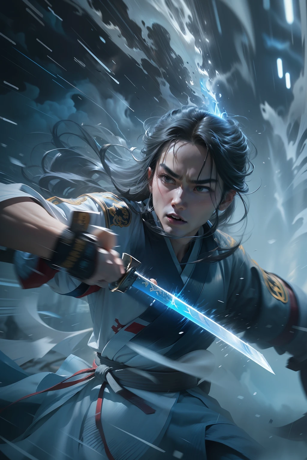 an extreme closeup shot,Martial arts action,battle mode,Extreme flow,Motion blur,Blue sword light,turbulence,thunderclap,Flowing hair, grim eyes,rainwater,Cinema lenses,GoPro,f/2.8,diffuse back lighting,Created by Zao Wou-Ki,Chinese big splash ink style