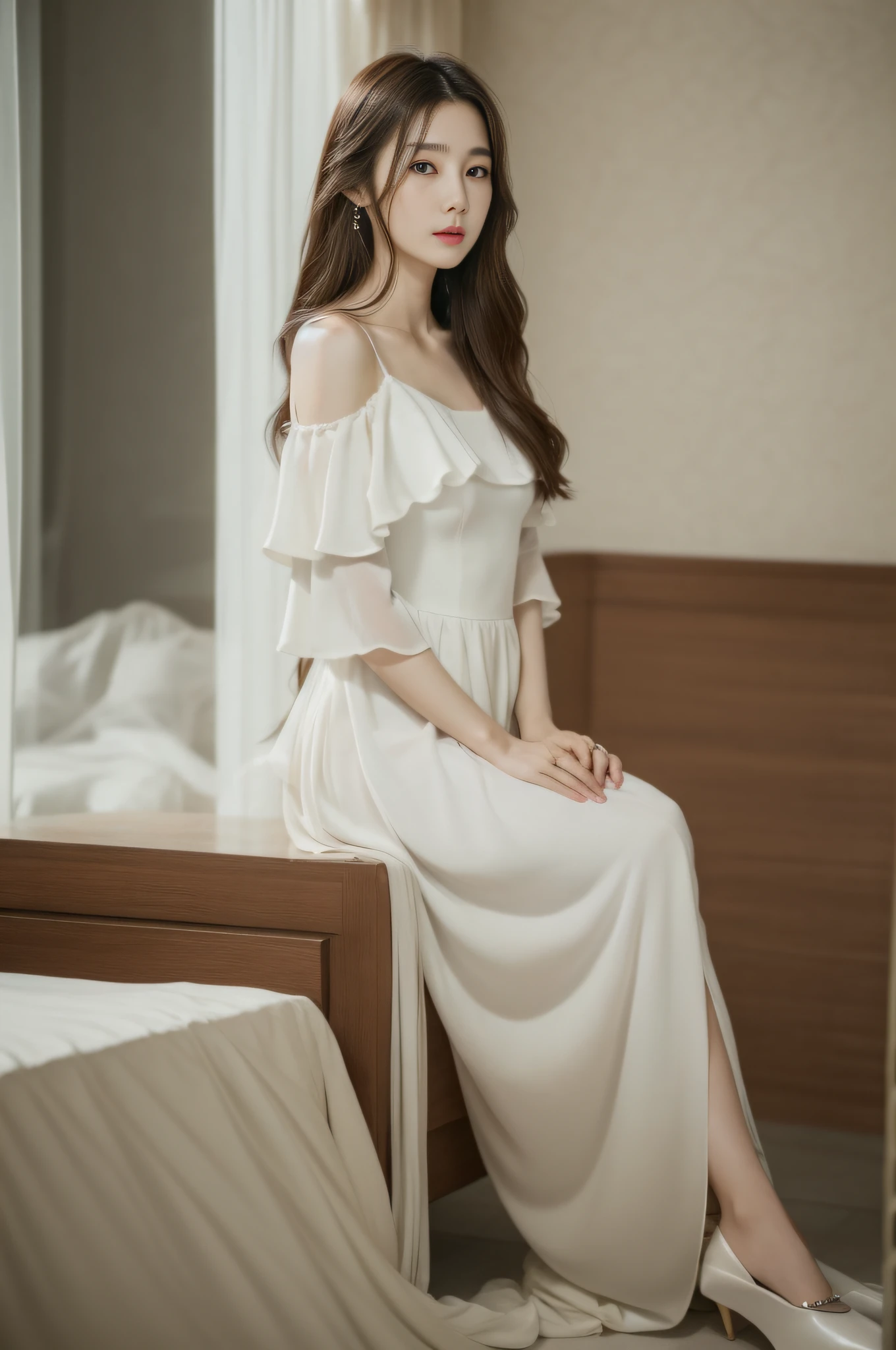 Asian woman with long brown hair, Dark hair and white top, beautiful Korean girl, female actress from korea,Open shoulders,She's watching you...,White Dresses,Elegant,Luxurious gestures